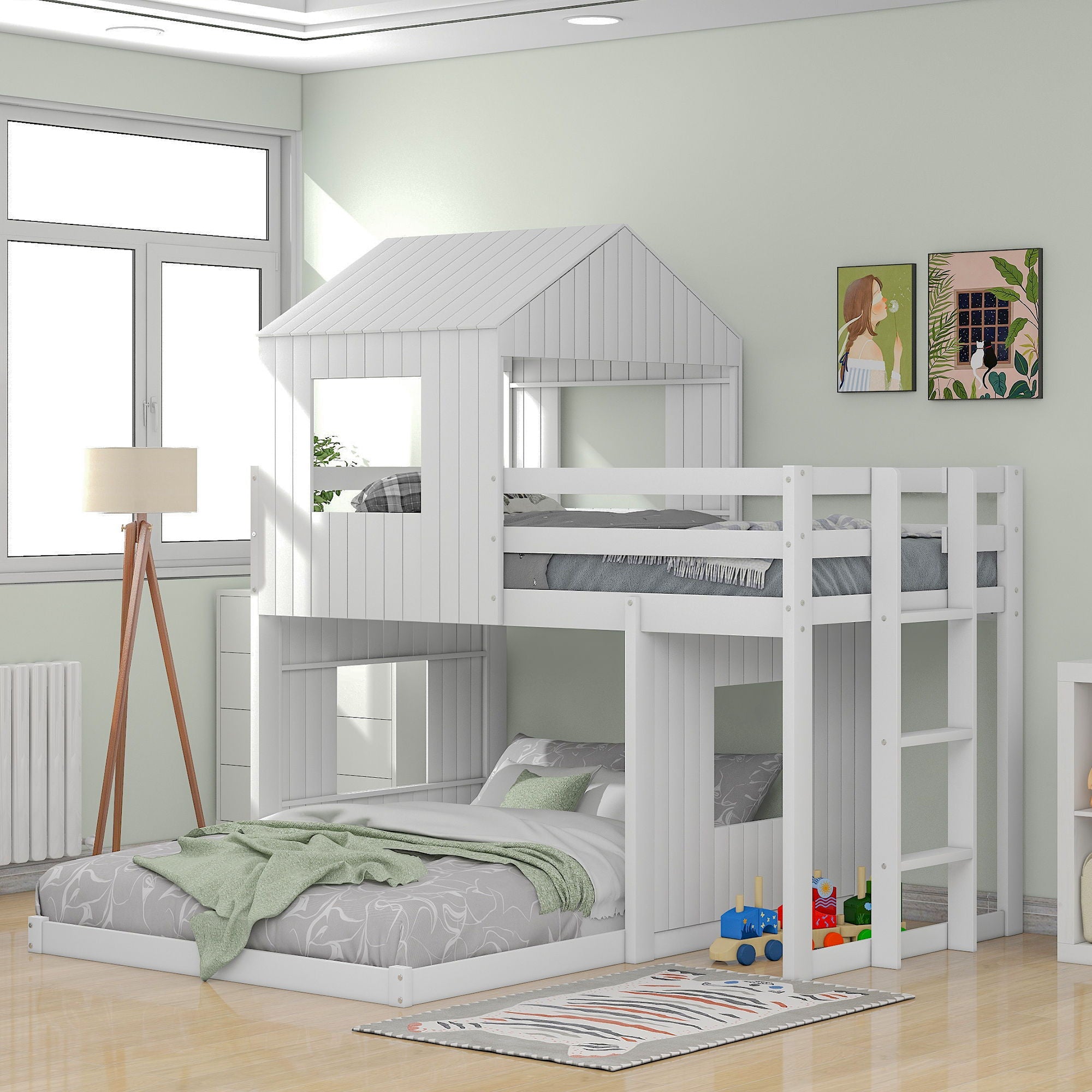 Twin Over Full Bunk Bed, With Playhouse, Farmhouse, Ladder And Guardrails - White