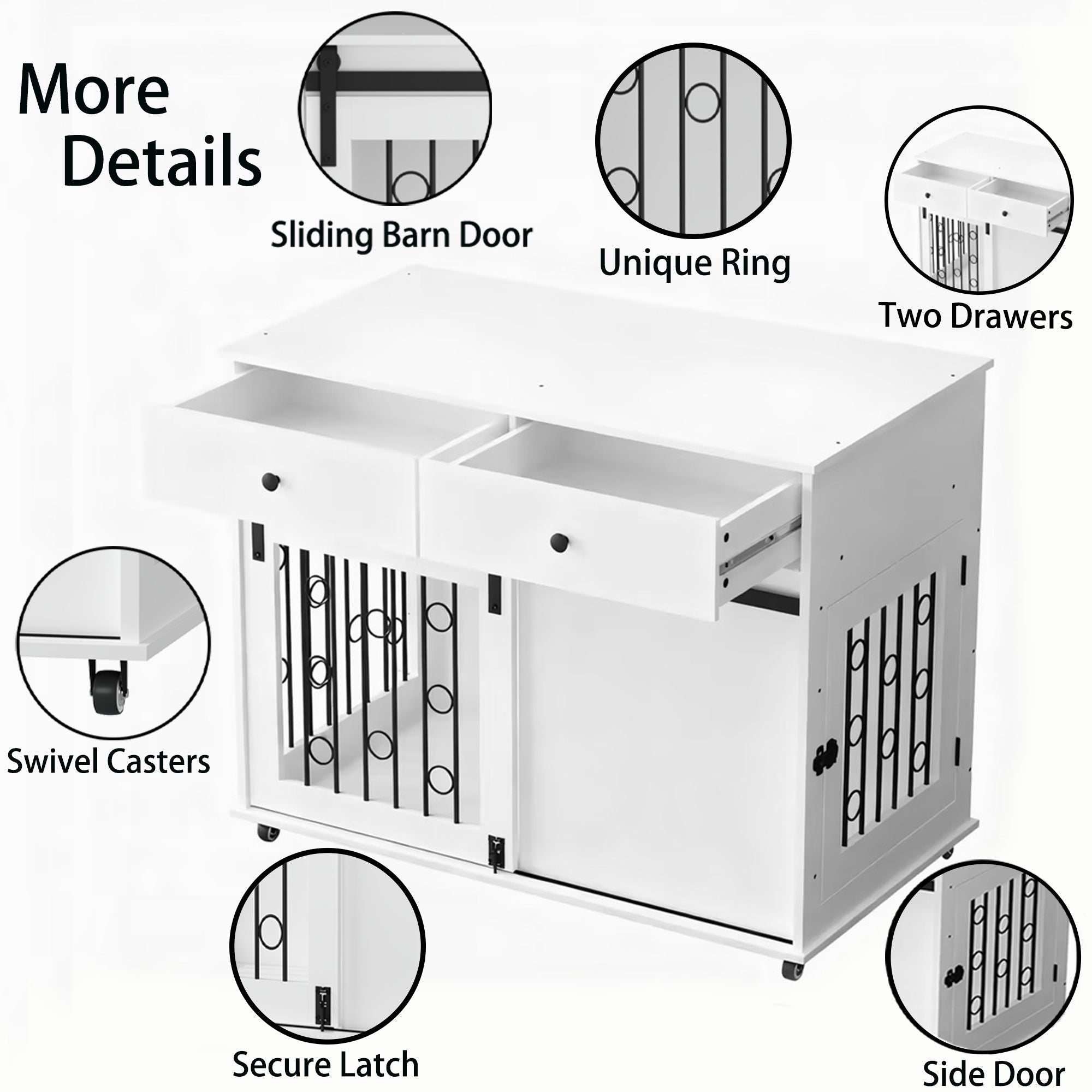 Dog Crate Furniture With Double Drawers And Sliding Barn Door, Pet Kennel For Small To Medium Dogs - White