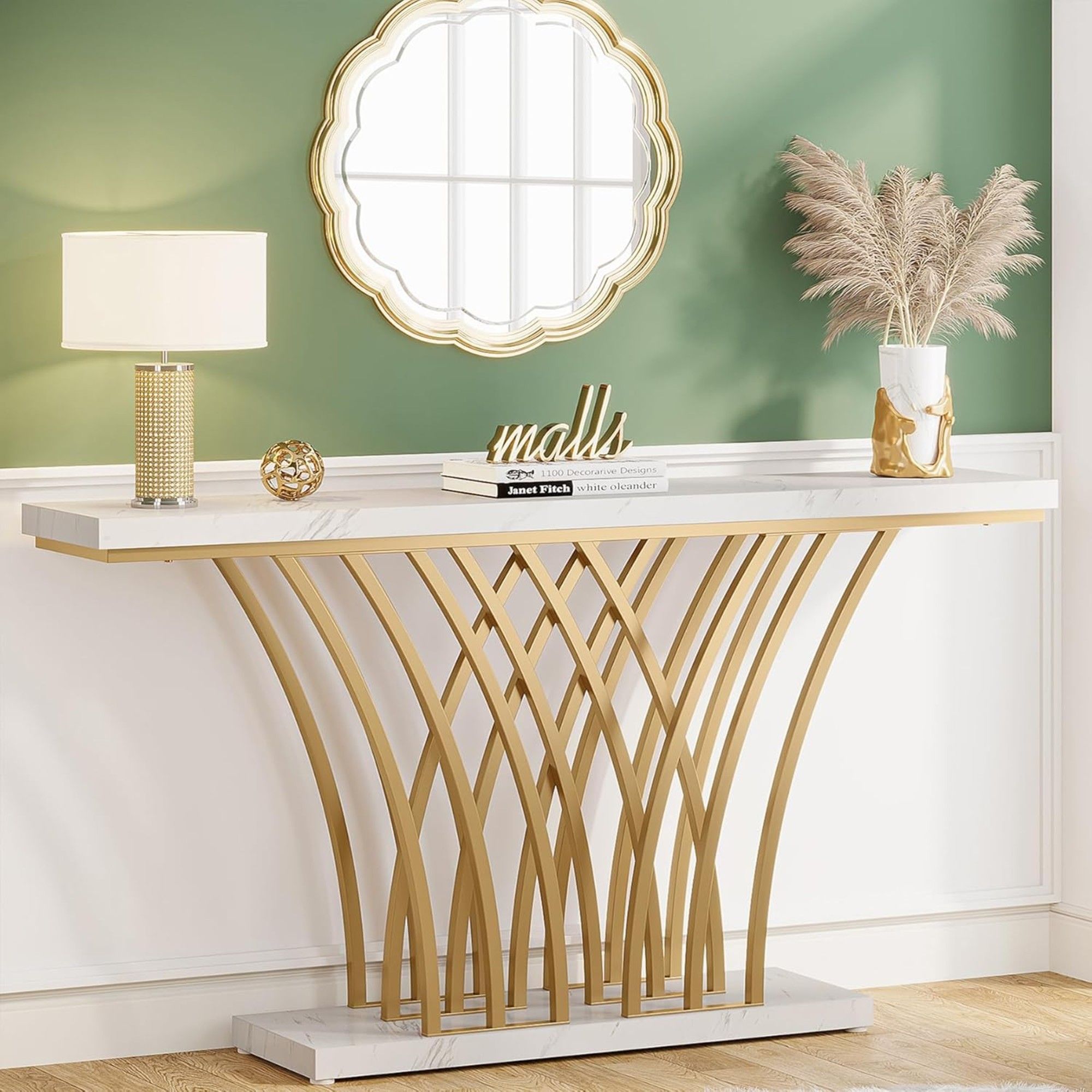 Console Table With Grid Base For Living Hallway - White / Gold