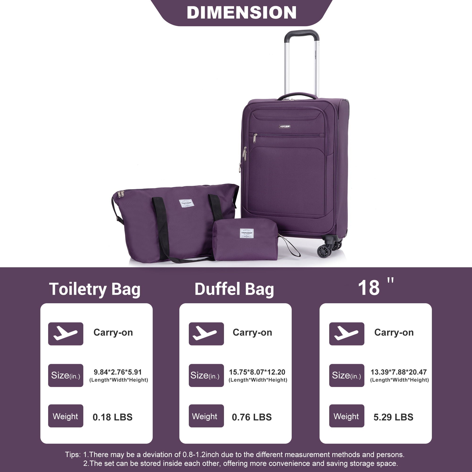 3 Piece Luggage Sets, Softshell Suitcase Spinner Wheels