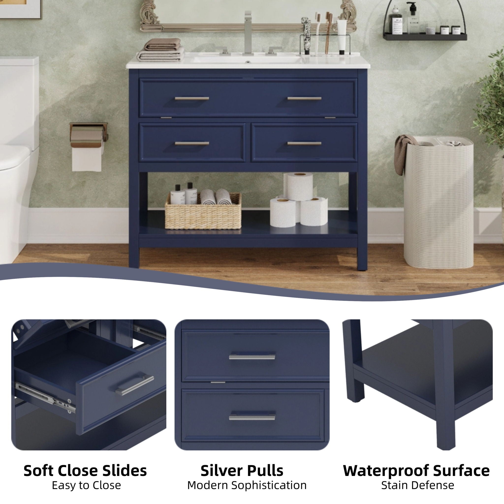 Bathroom Vanity With Ceramic Sink, Tip Out Tray & 2 Full Extension Drawers