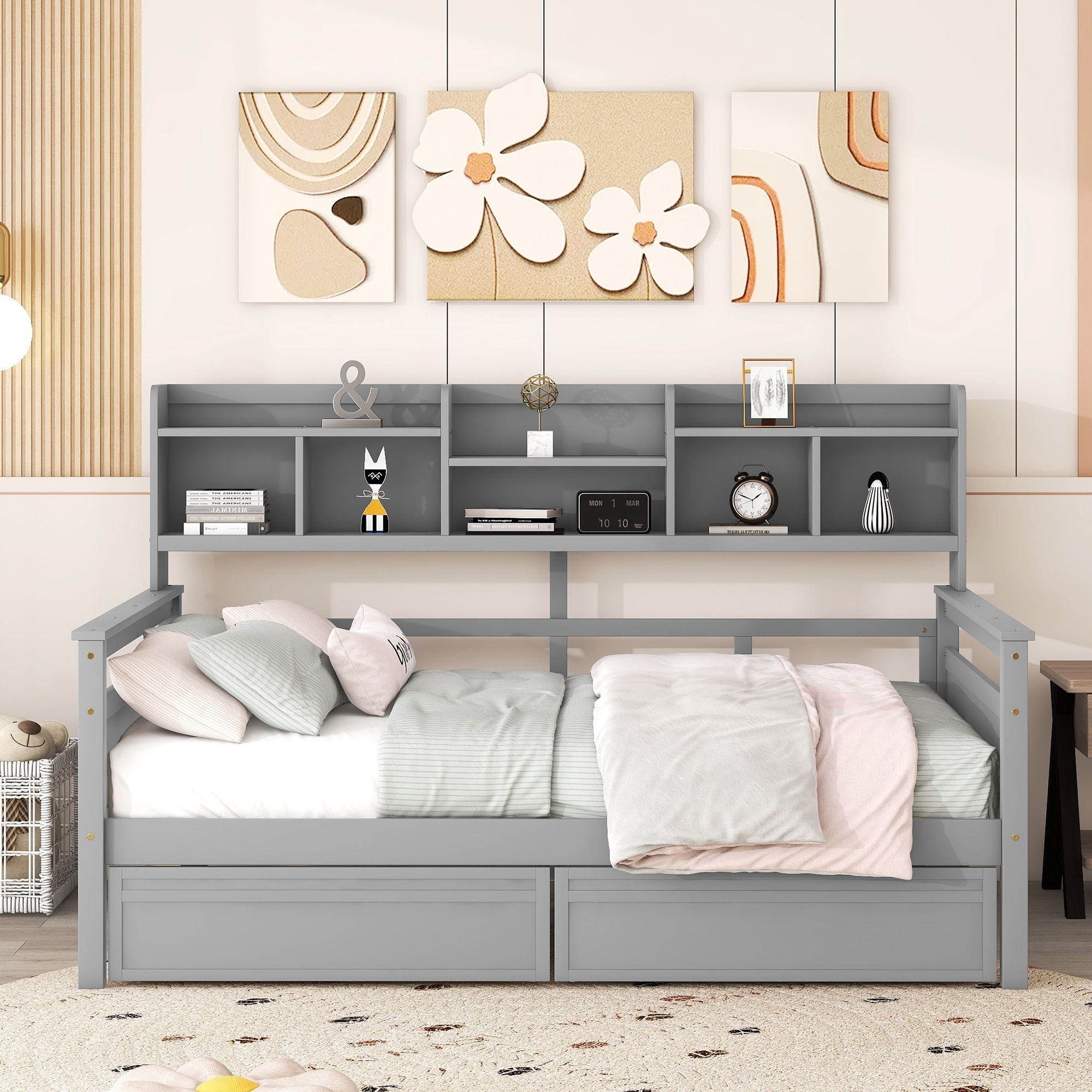 Daybed, Slat Support, With Bedside Shelves And 2 Drawers