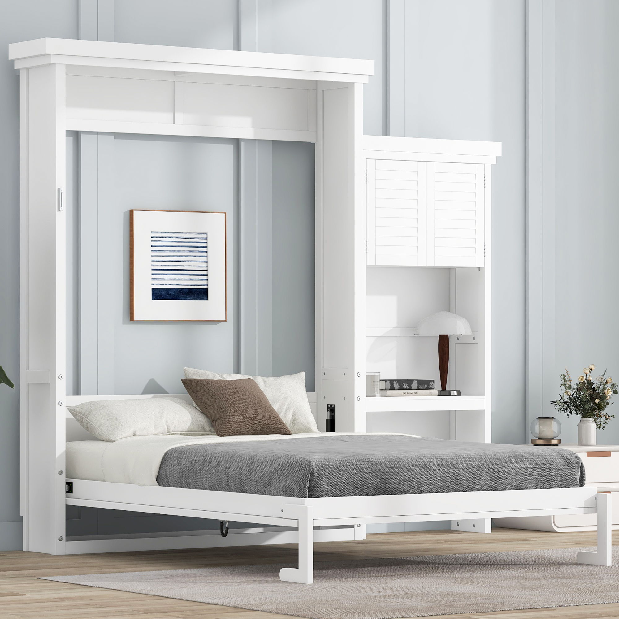 Queen Size Murphy Bed With Louvered Design And Multiple Storage Shelves - White