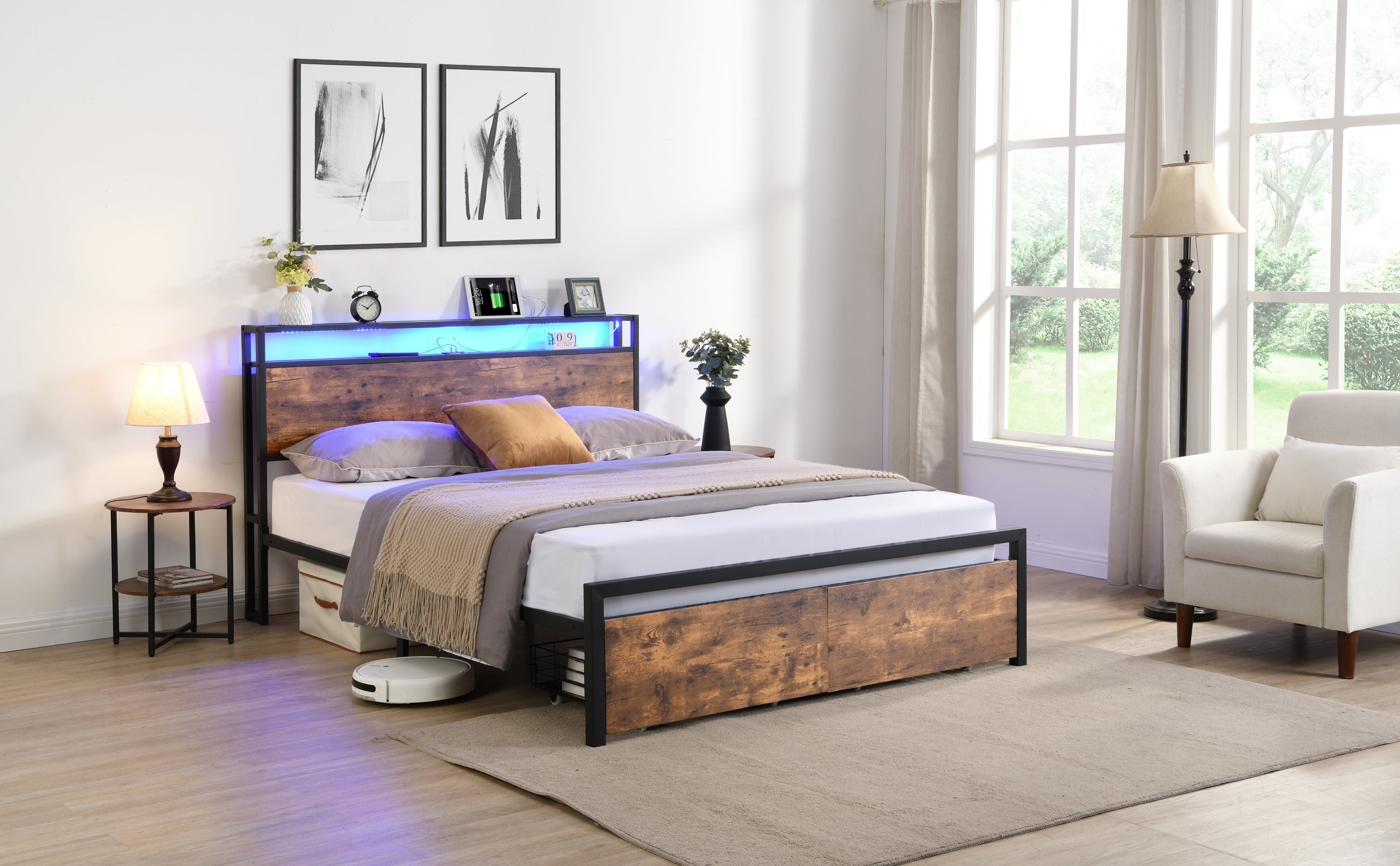 Bed frame with storage, led headboard, drawers & usb port