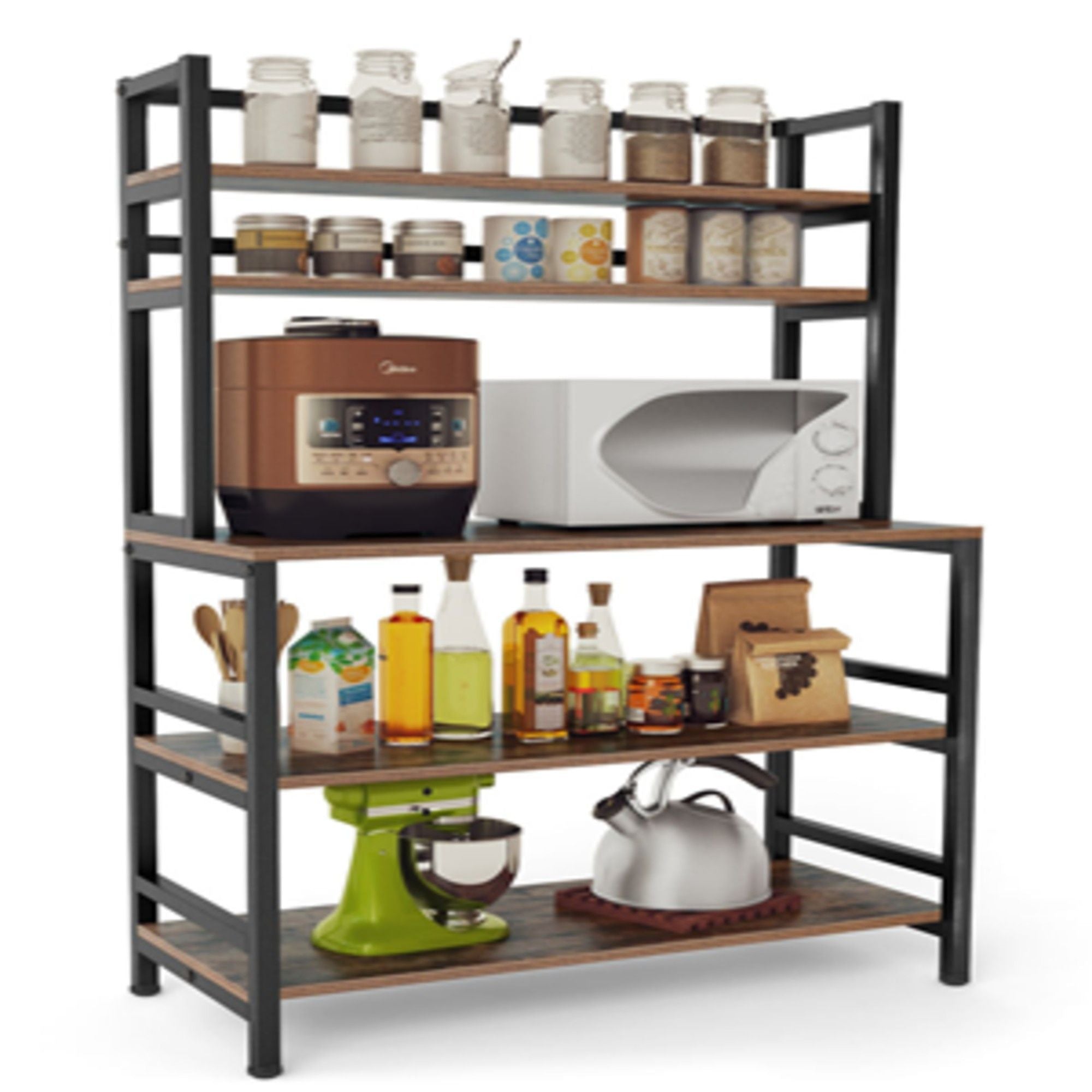 5 Tier Kitchen Bakers Rack With Hutch Microwave Stand, Freestanding Storage Organizer For Countertop - Black