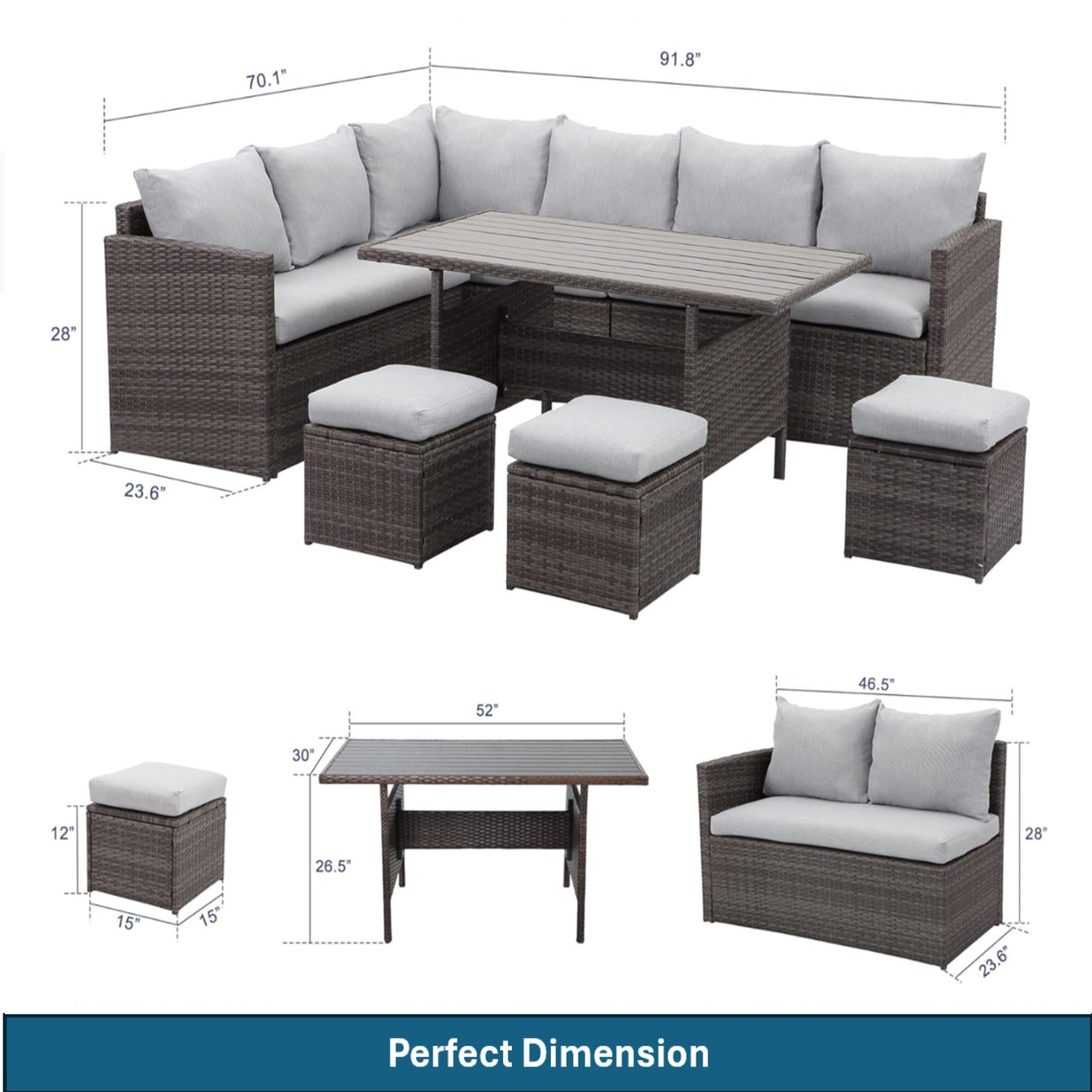 7 Piece All Weather Patio Dining Set With Cushions, Sectional Sofa, Ottomans & Table For Backyard - Gray / Brown