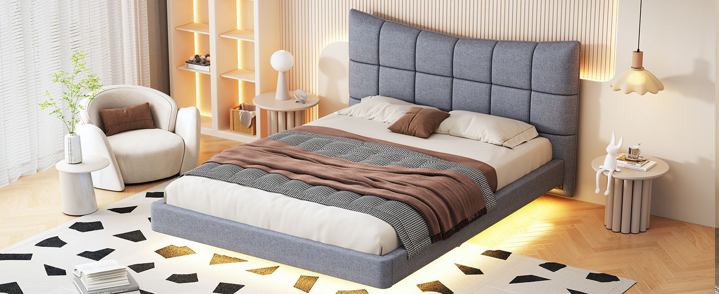 Full Size Upholstered Platform Bed With LED Lights, USB Ports And Outlets - Gray