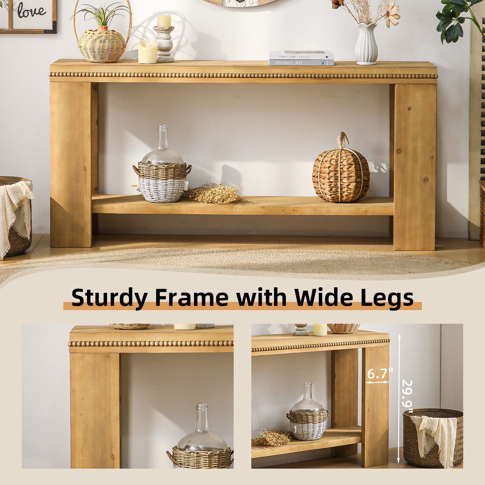 63" Boho Console Table with Storage Shelf – Rustic Farmhouse Sofa Table