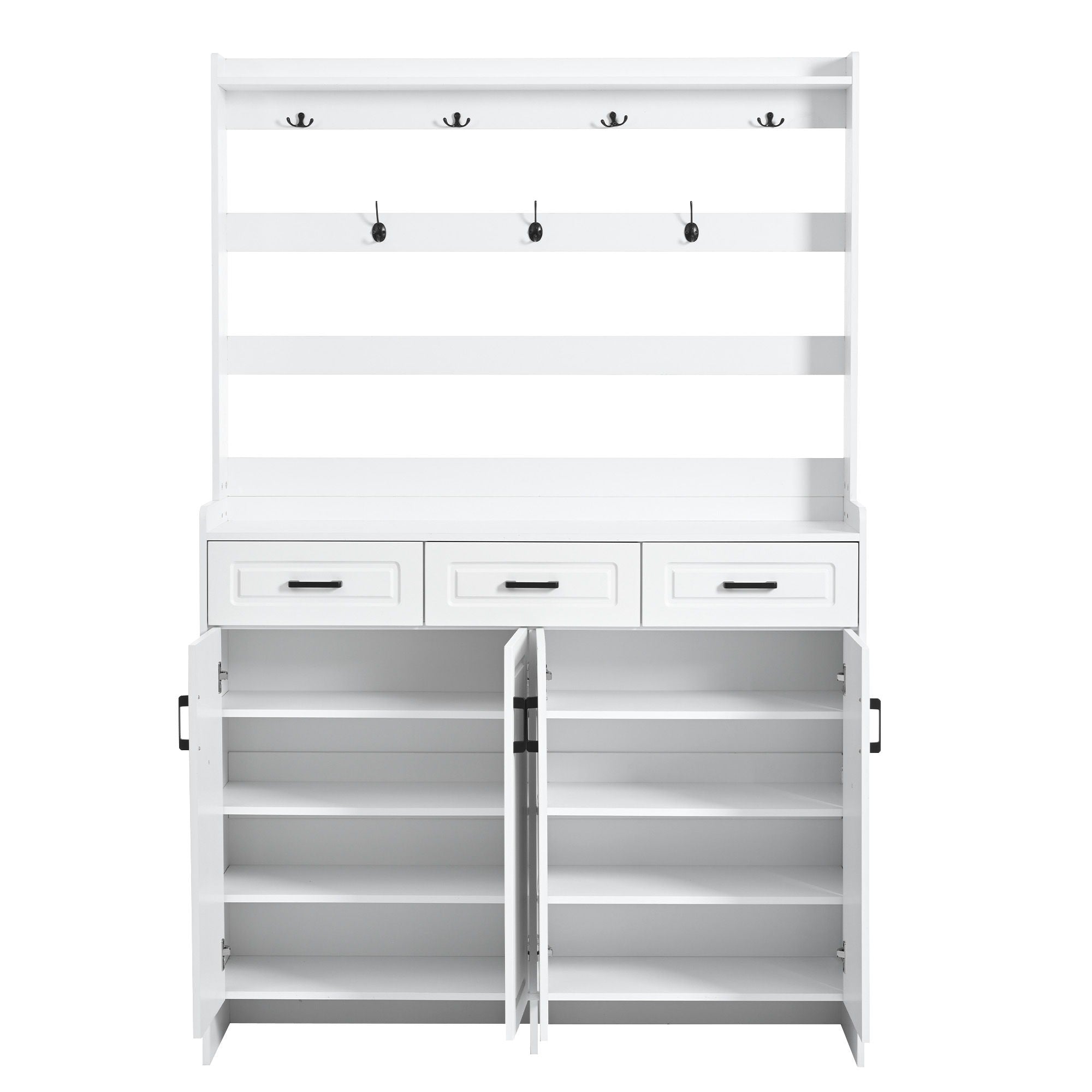 Minimalist 4 Door Shoe Cabinet With Coat Rack, 3 Drawers, 8 Shelves, Metal Hooks And Handles