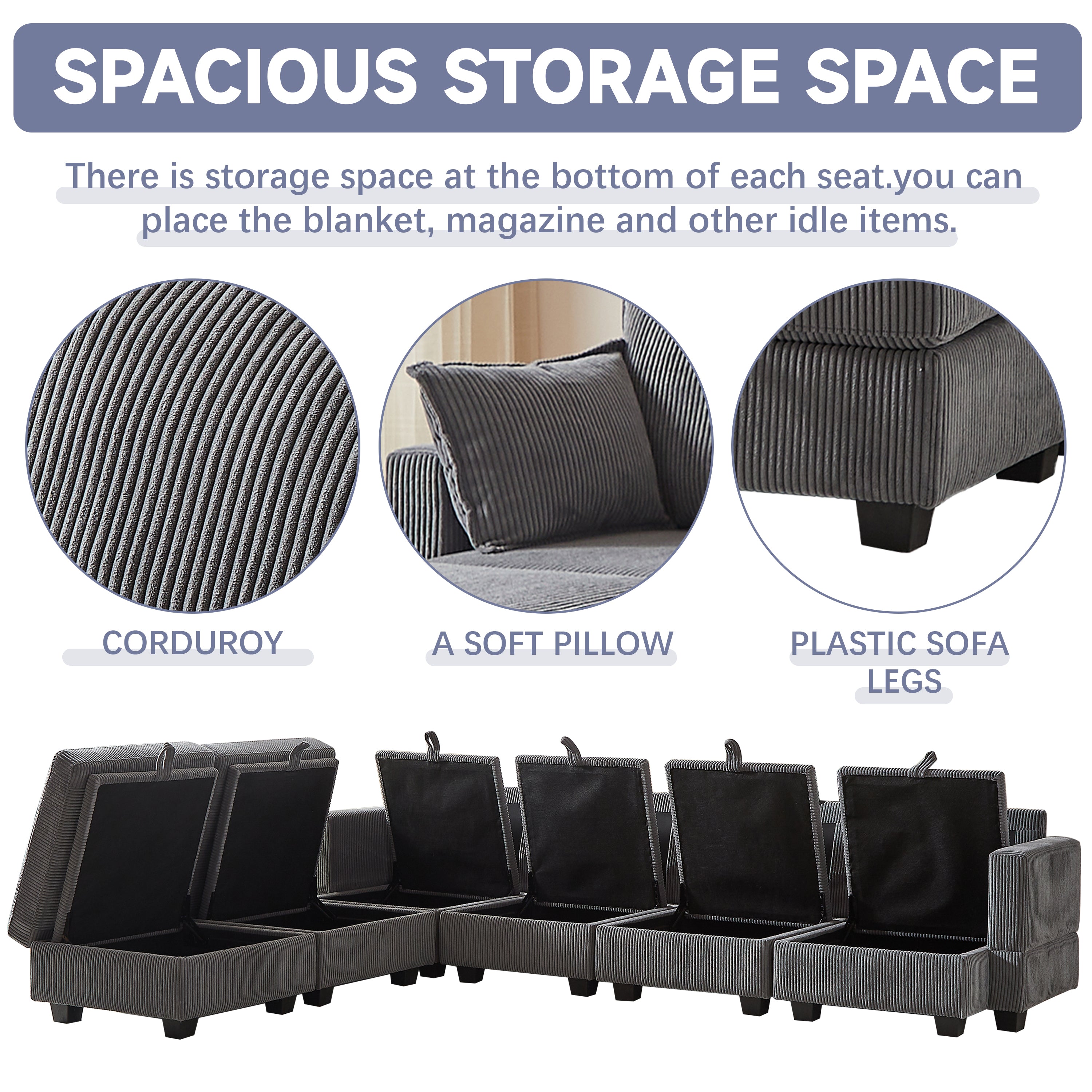 113.5'' Modular Sectional Corduroy Sofa with Storage Ottoman