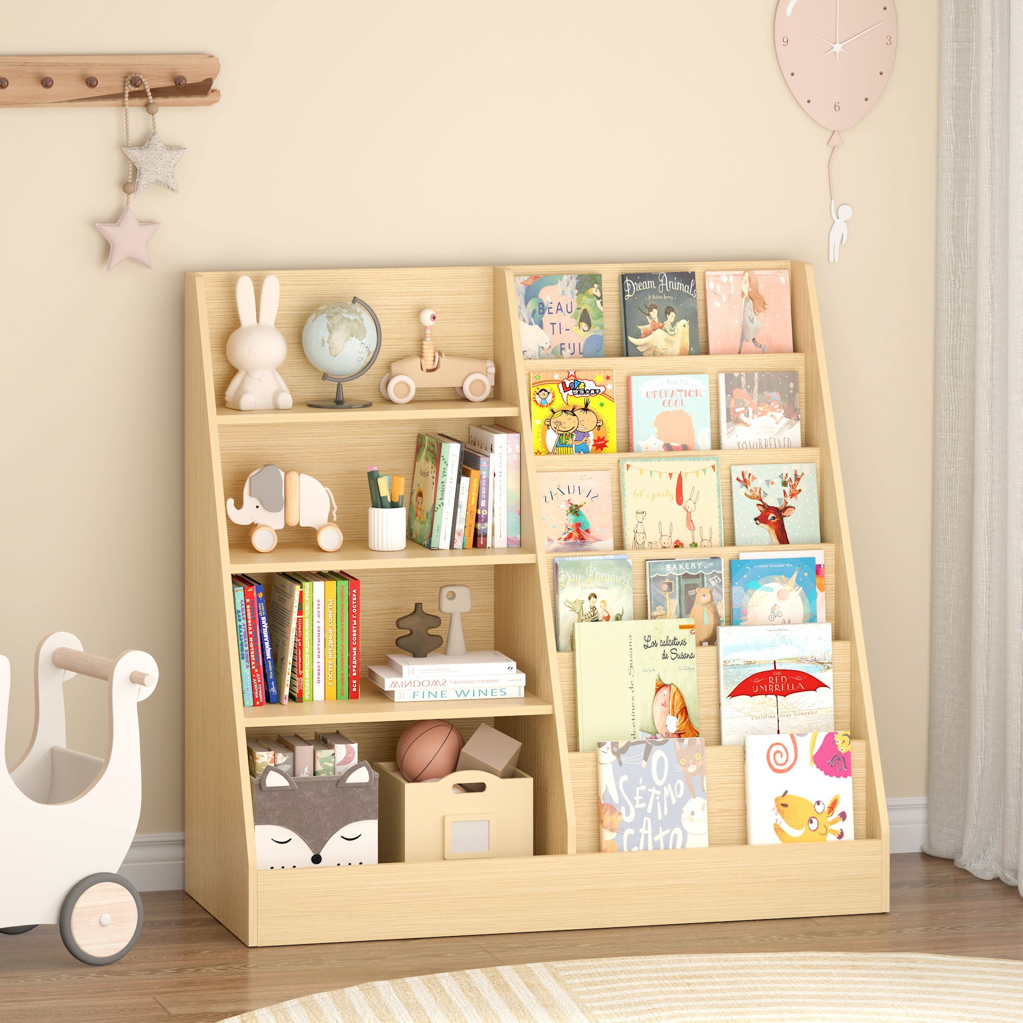 Bookshelf And Toy Storage Organizer, 4 Tier Bookcase With Display Stand For Playroom