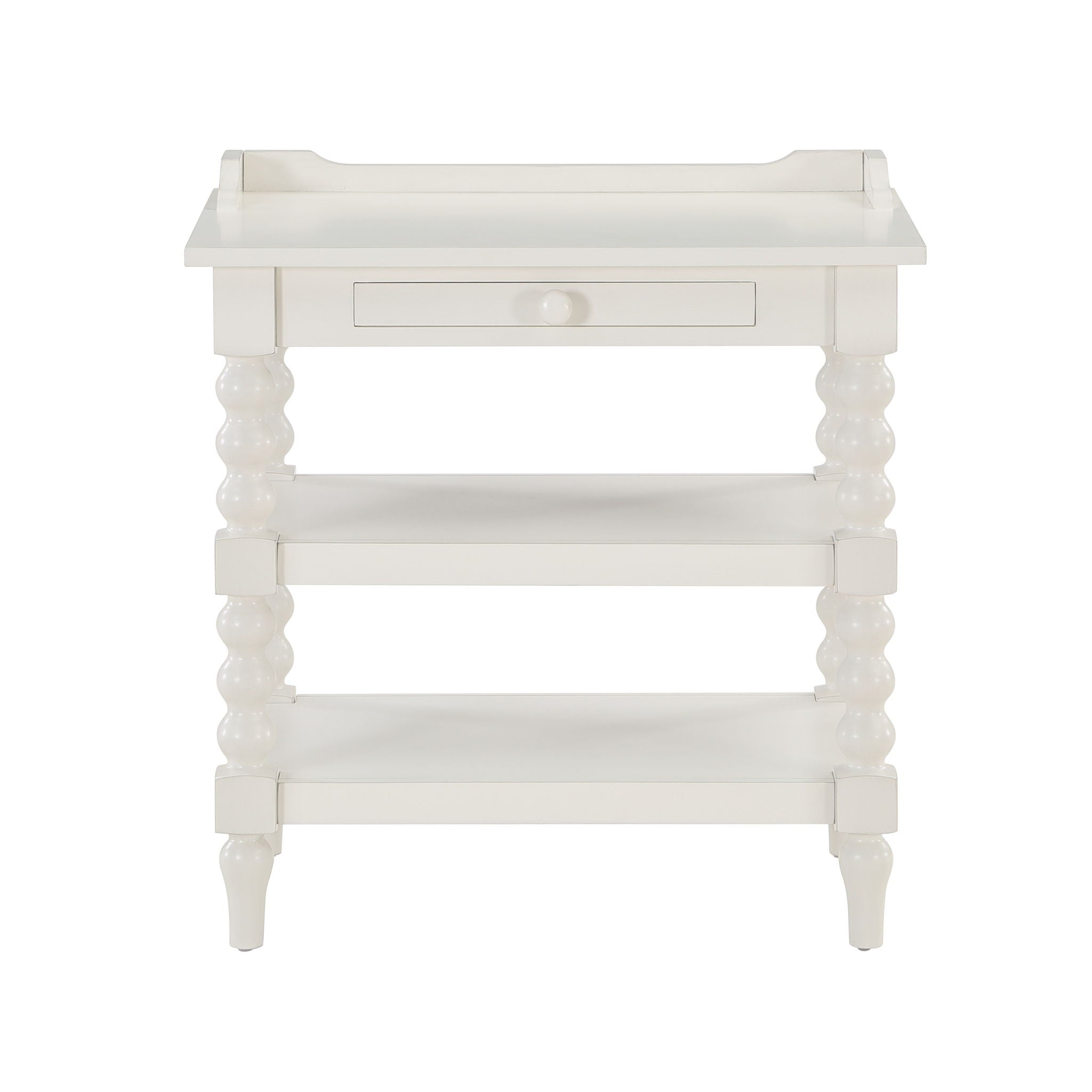 Aria - Nightstand With Styling, 2 Shelves, Pull Out Tray, Spool Turned Legs - Antique White