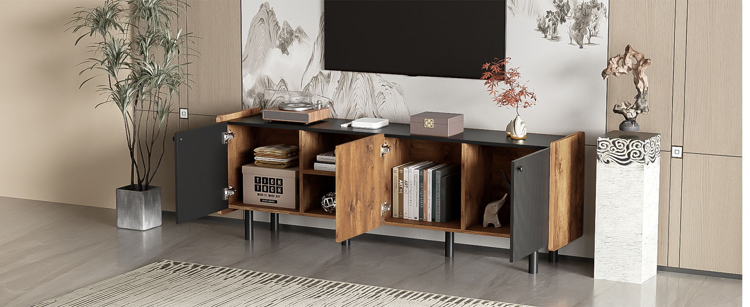 Mid Century TV Stand With 3 Cabinets, Media Console Table For Tvs Up To 70'', Entertainment Center With Storage For Living Room - Black / Brown