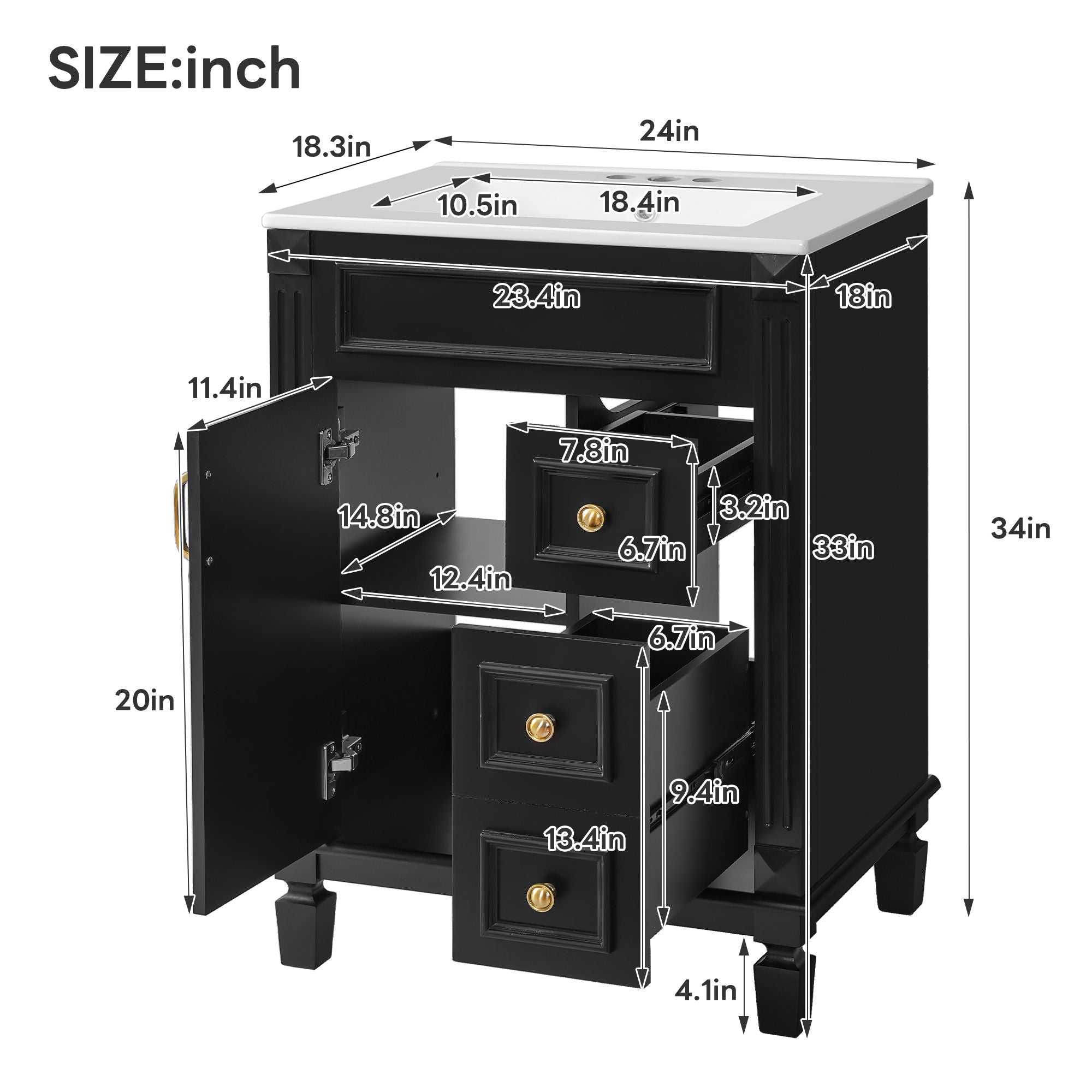 Bathroom Vanity With Sink, Compact Cabinet & 2 Drawers And Adjustable Shelf
