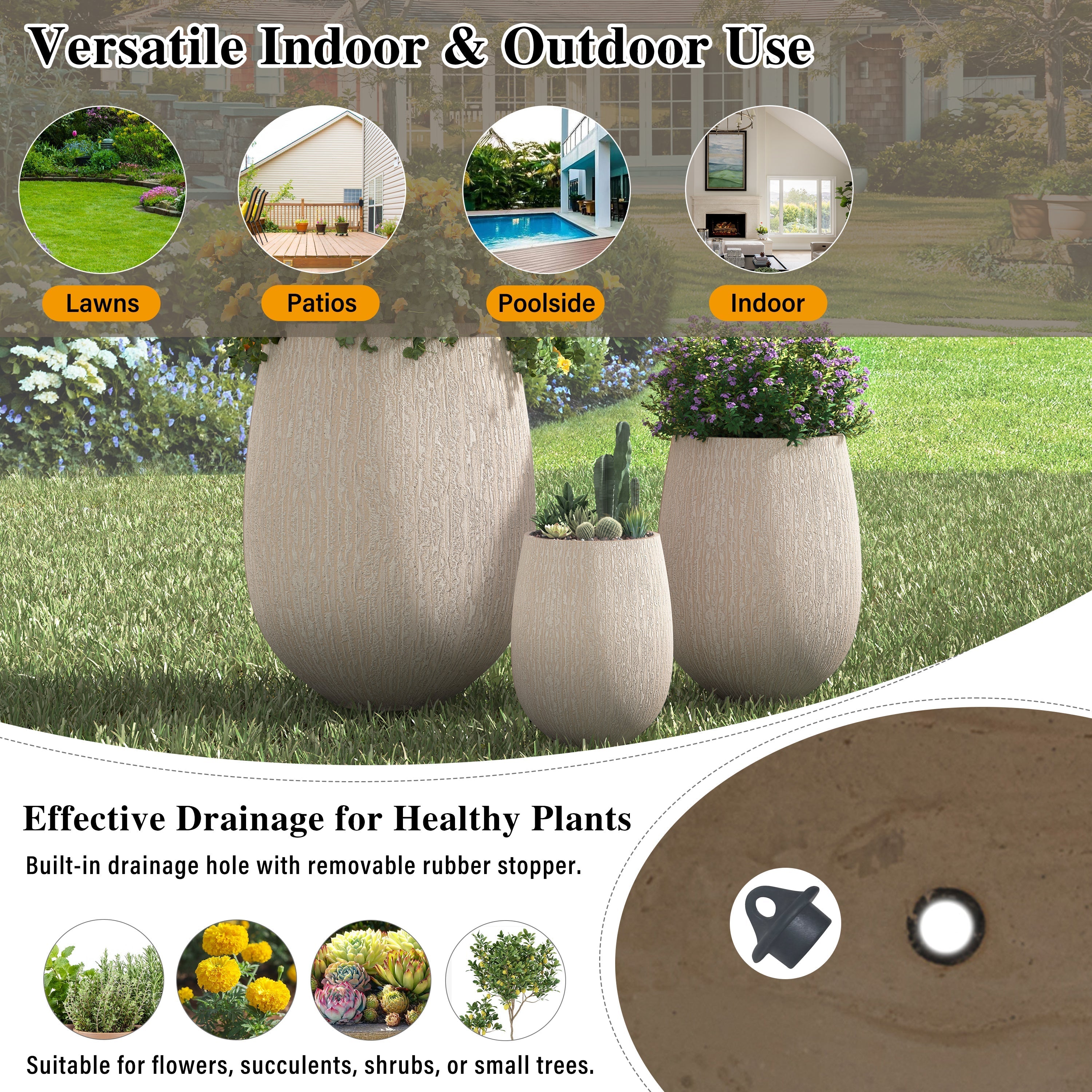 U_Style Egg-Shaped Lightweight MGO Outdoor Planter Set of 3