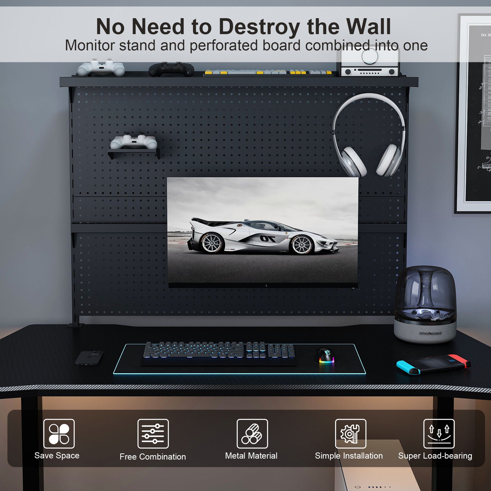 Clamp On Desk Pegboard With Single Monitor Stand