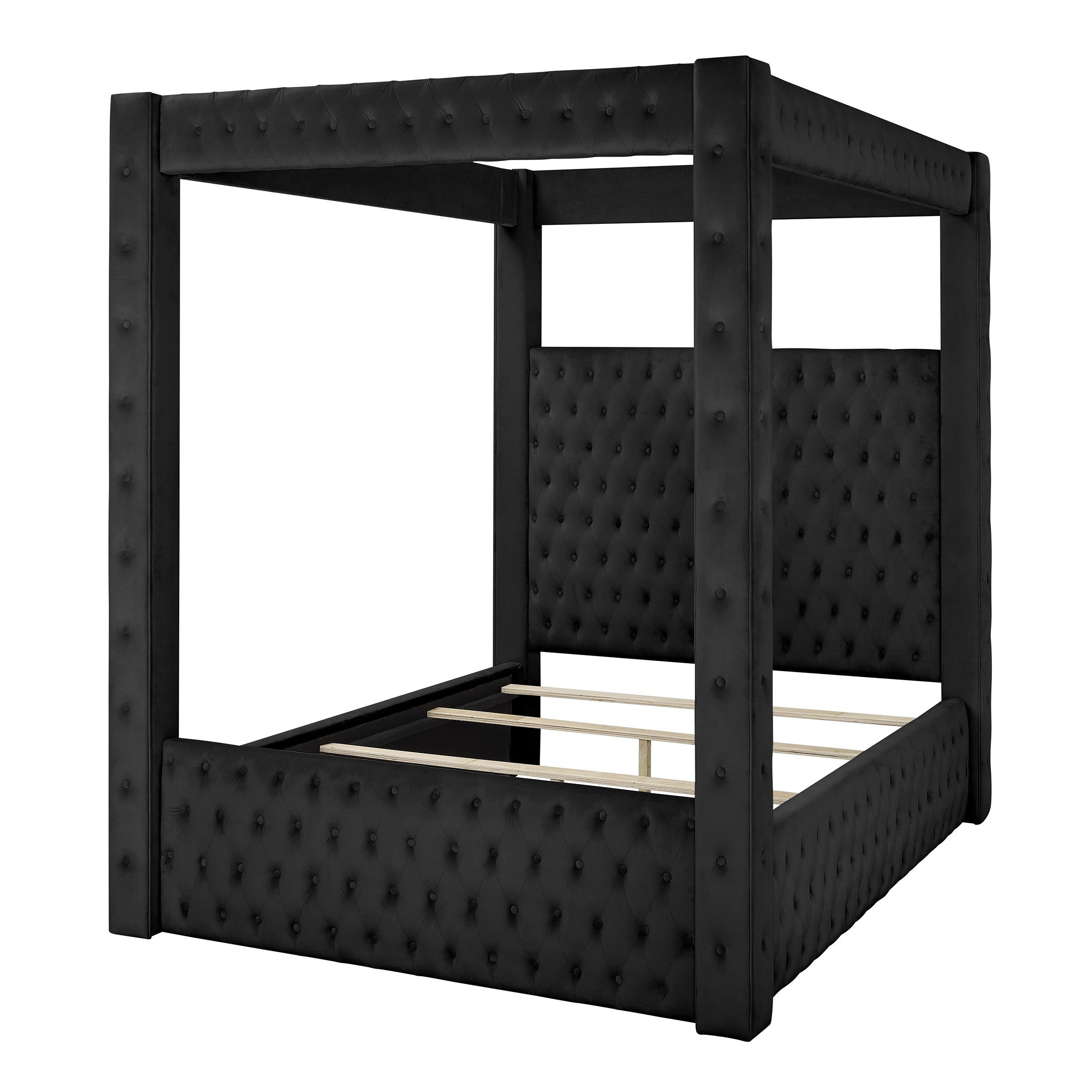 Modern Four-poster King Bed with Tufted Headboard and Footboard in Black Rich Velvet Fabric, Solid Wood Frame