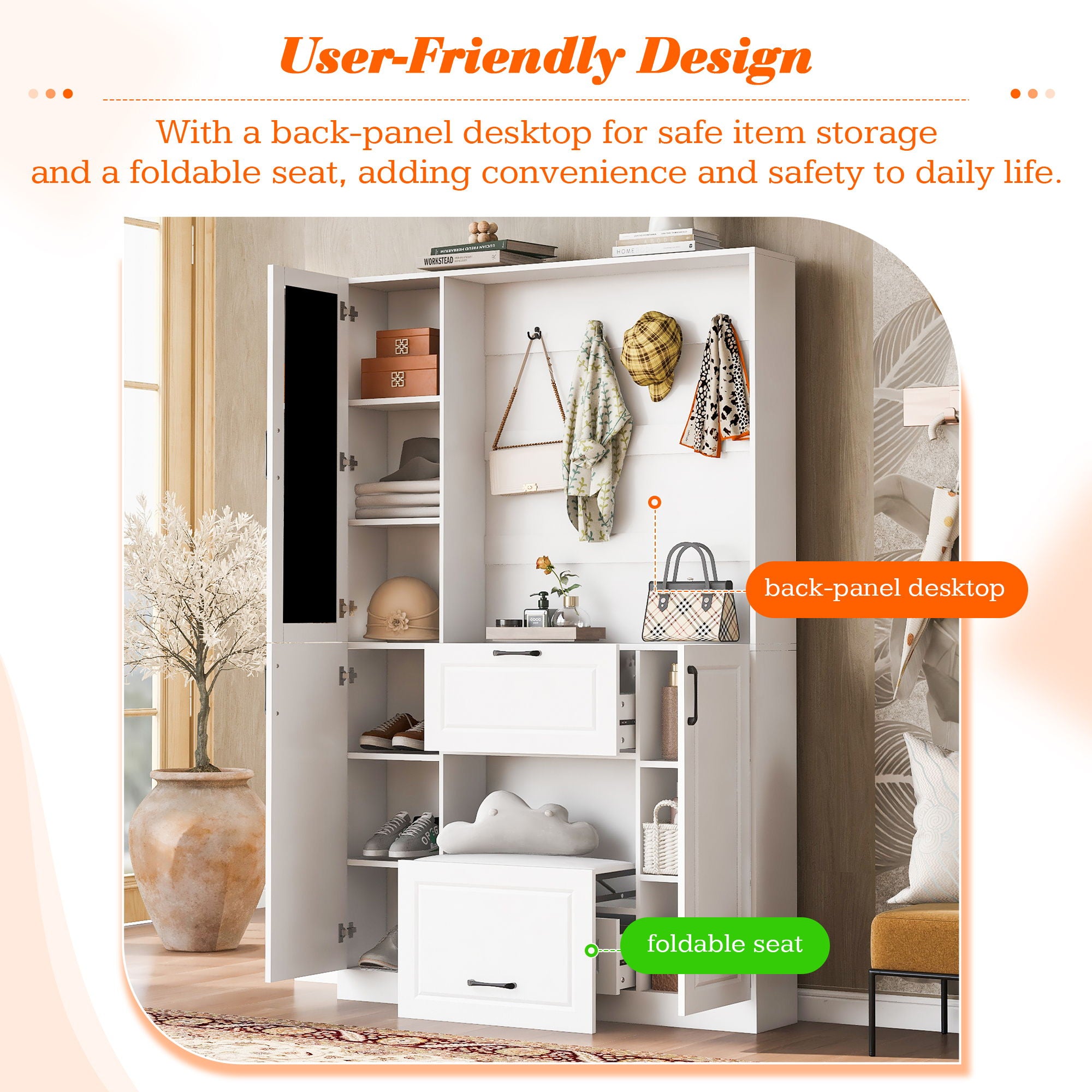Entryway Bench With Integrated Shoe Cabinet, 3 In 1 Design And Mirrored Cabinet Door, Hall Tree With 4 Sturdy Hooks And Foldable Seat For Entrance, Living Room - White