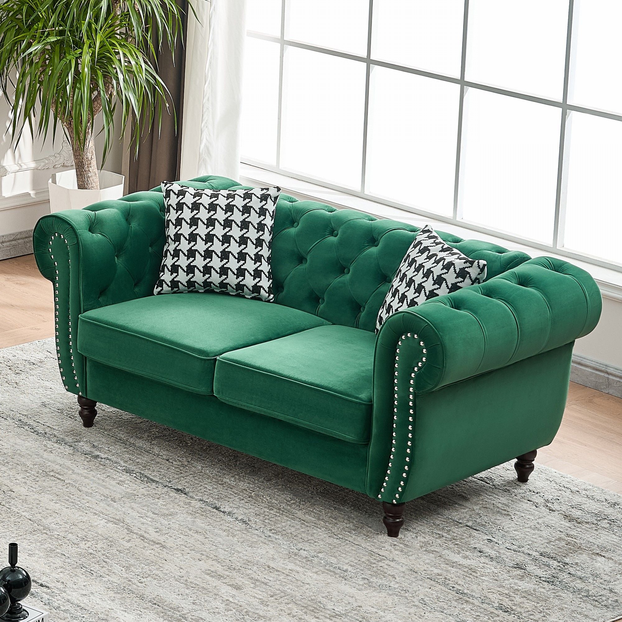 Chesterfield Velvet Fabric Sofa With Roll Armrest And Nailhead, Mid Century 2 Seater Couch
