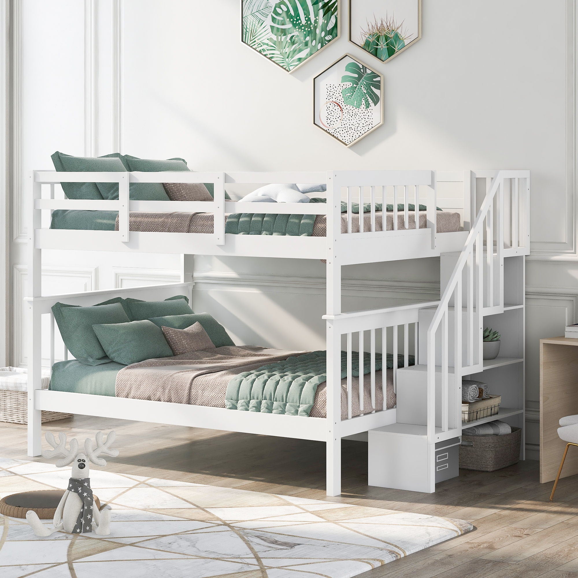 Stairway Bunk Bed With Storage And Guard Rail For Bedroom