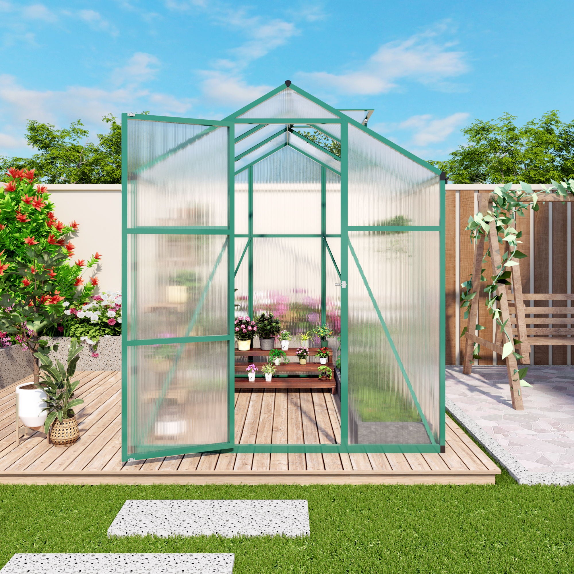 Polycarbonate Walk-In Greenhouse, Raised Base For Outdoor In All Season