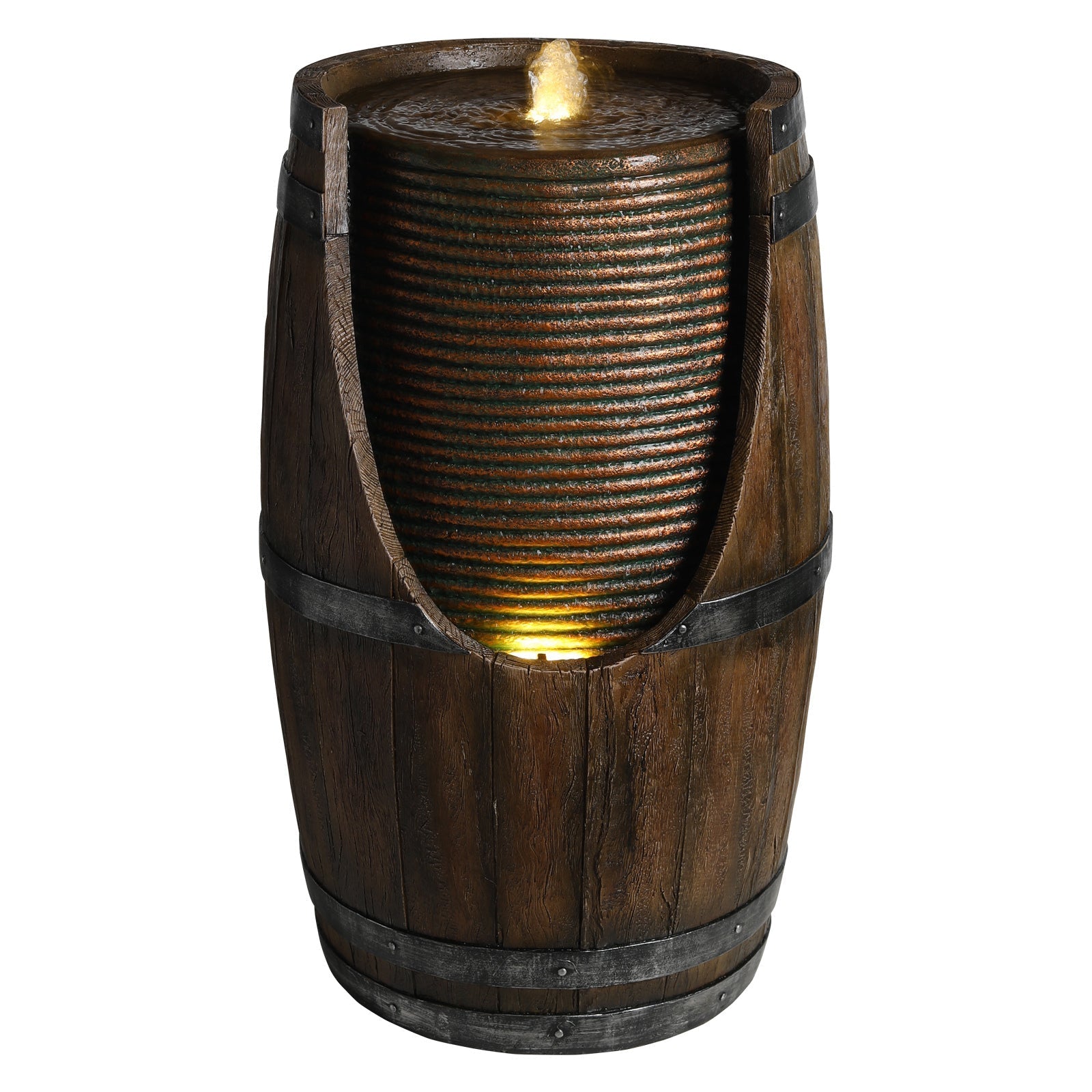 Outdoor Barrel Water Fountain with Lights Rustic Wood Look Resin