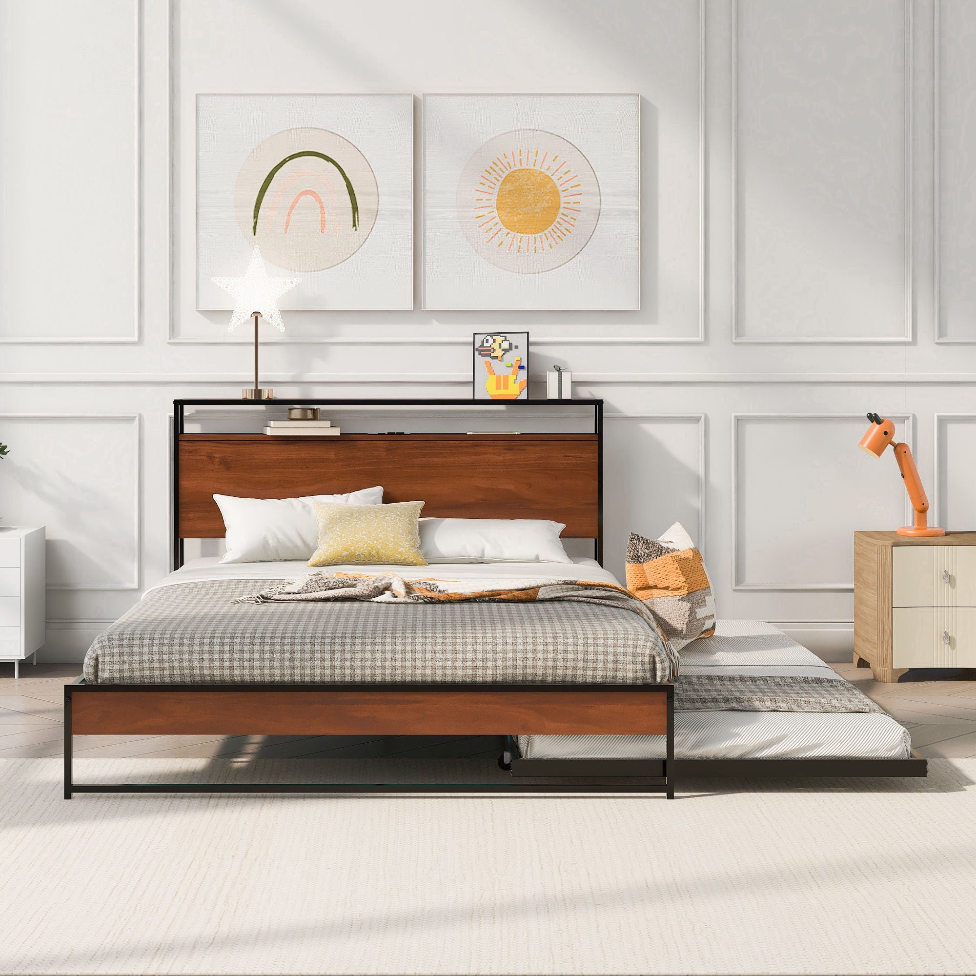 Platform Bed Frame With Trundle, USB Ports And Slat Support, No Box Spring Needed