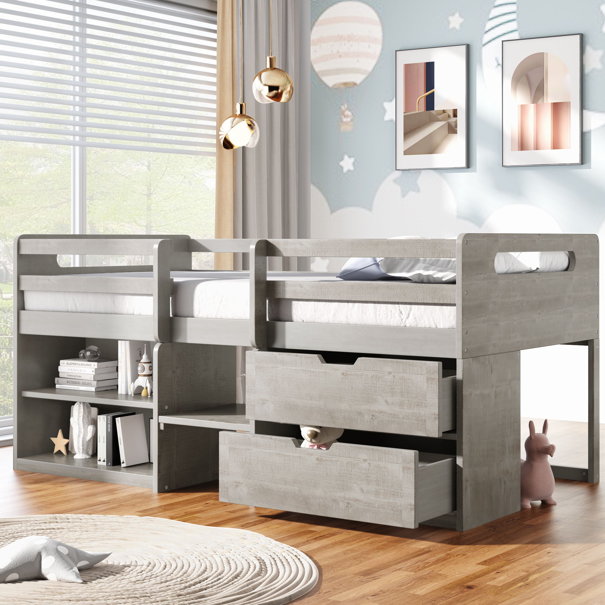 Loft Bed With Two Shelves And Two Drawers