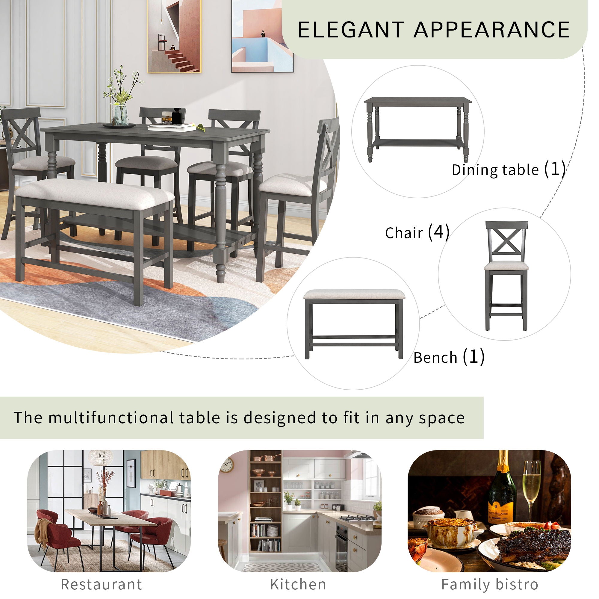 6 Piece Counter Height Dining Table Set With Shelf, 4 Chairs And Bench