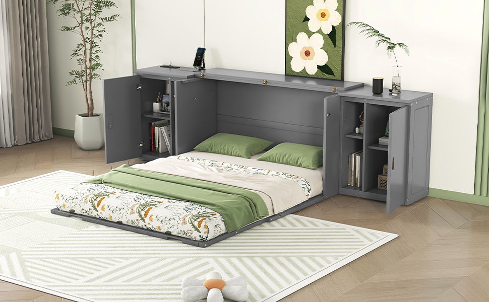 Murphy Bed With Shelves, Cabinets And USB Ports