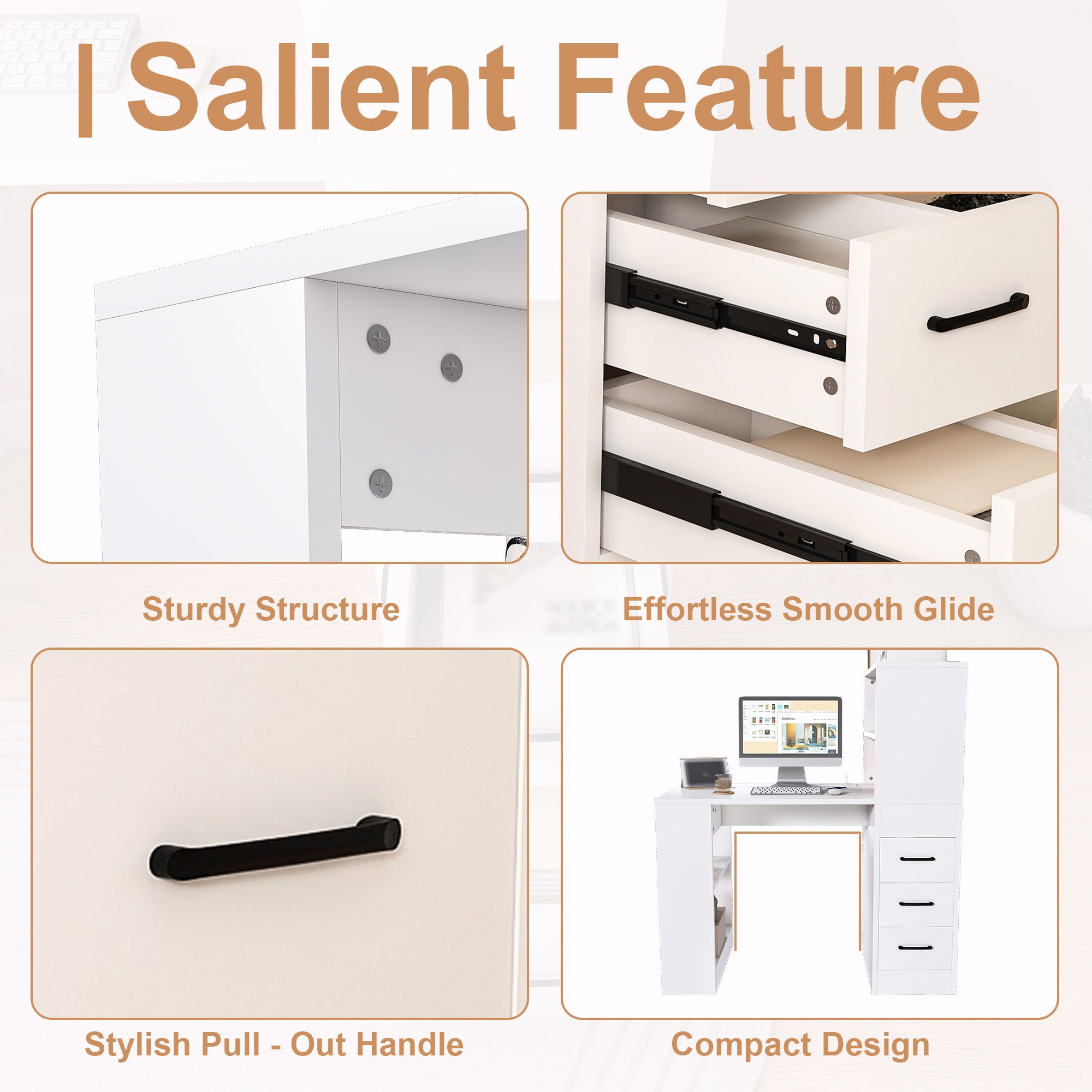 Modern Computer Desk With Built In Socket 3 Slide Drawers 4 Storage Levels - White