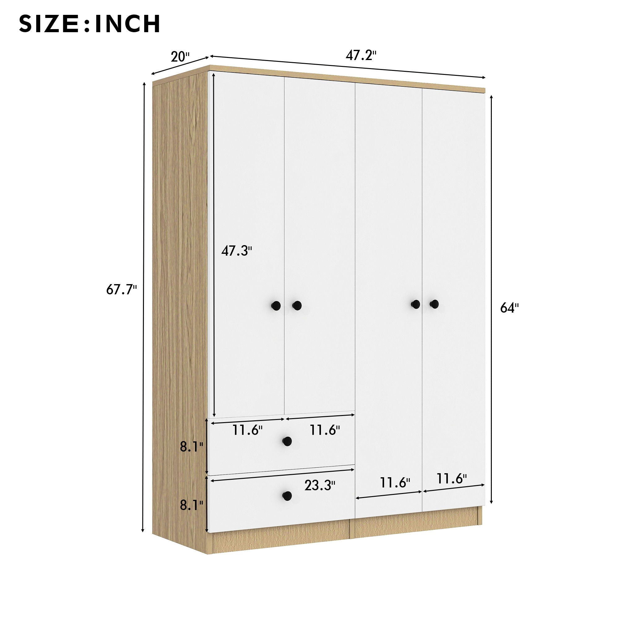 4 Door Wardrobe Closet With Drawers, Shelf, And Hanging Rod - White / Natural