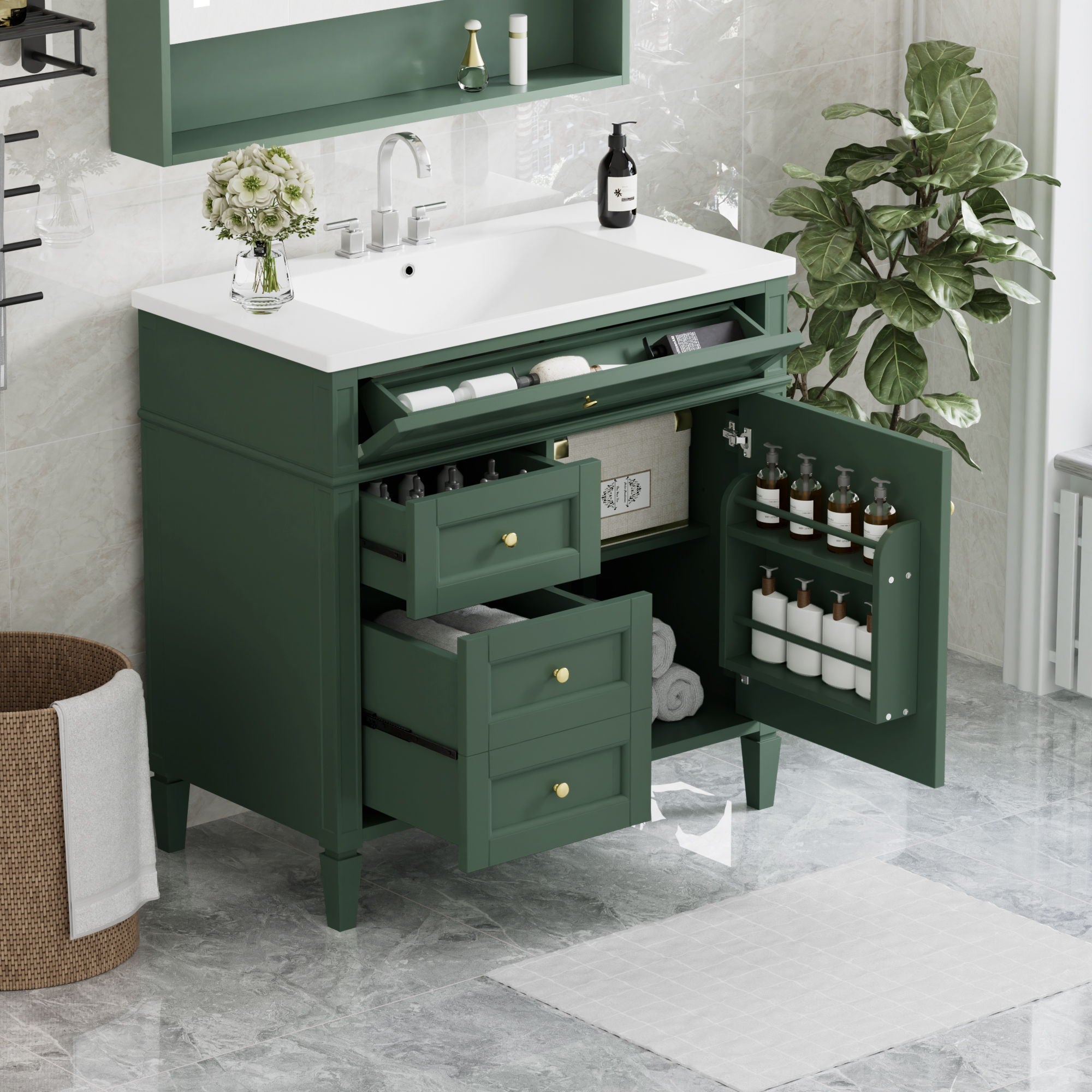 Bathroom Vanity With Top Sink, 2 Drawers And Tip Out Drawer, Rectangular Design