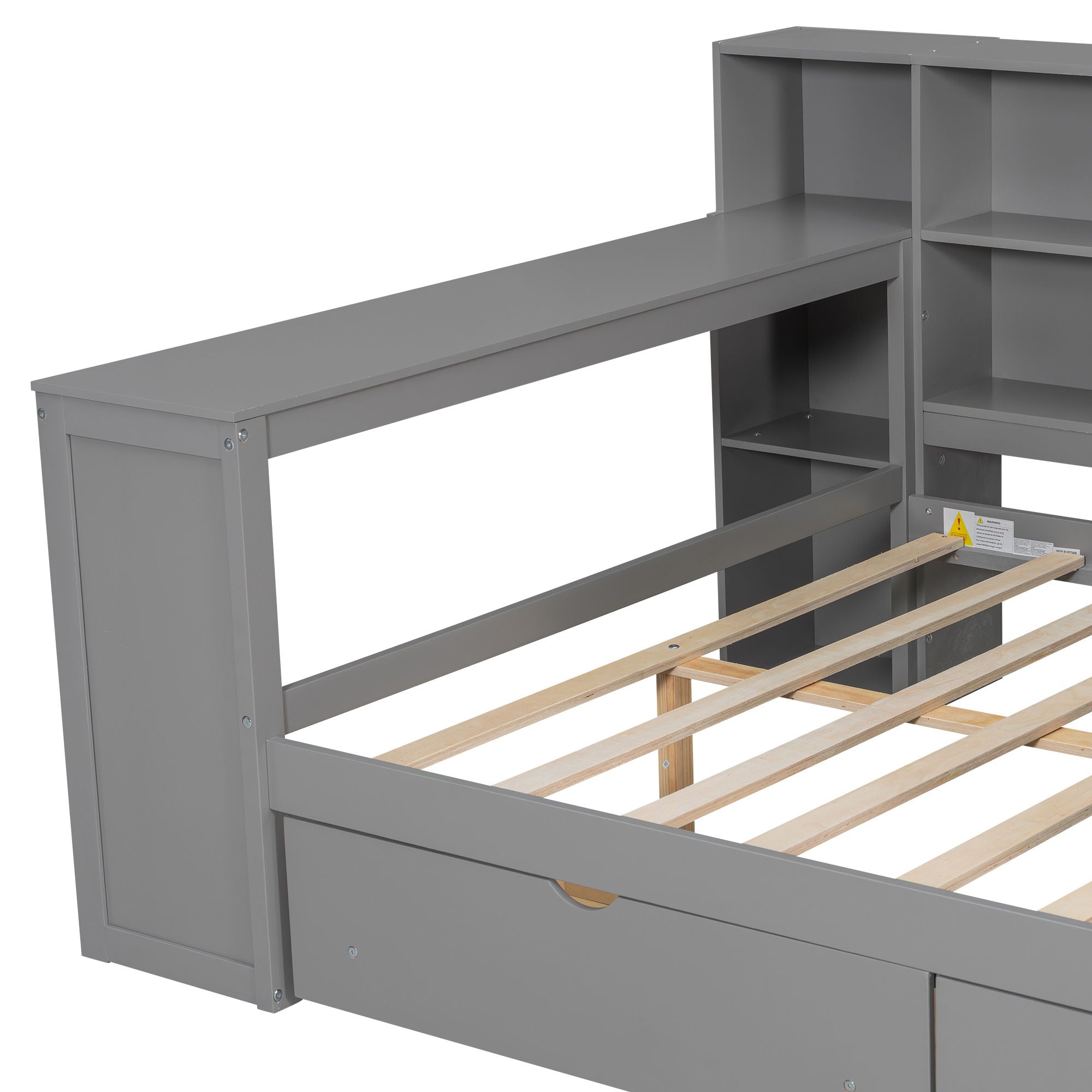 Platform Bed With Upholstered Headboard, Storage Shelves, Drawers, Charging Station, LED Lighting, Built In Desk
