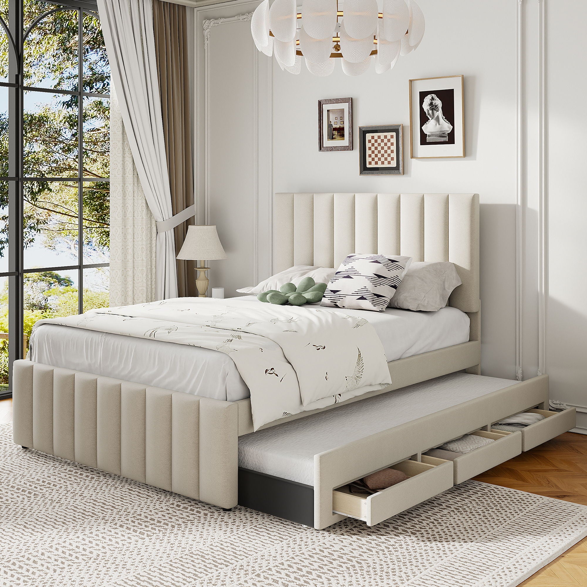 Upholstered Platform Bed With Twin Size Trundle And 3 Drawers
