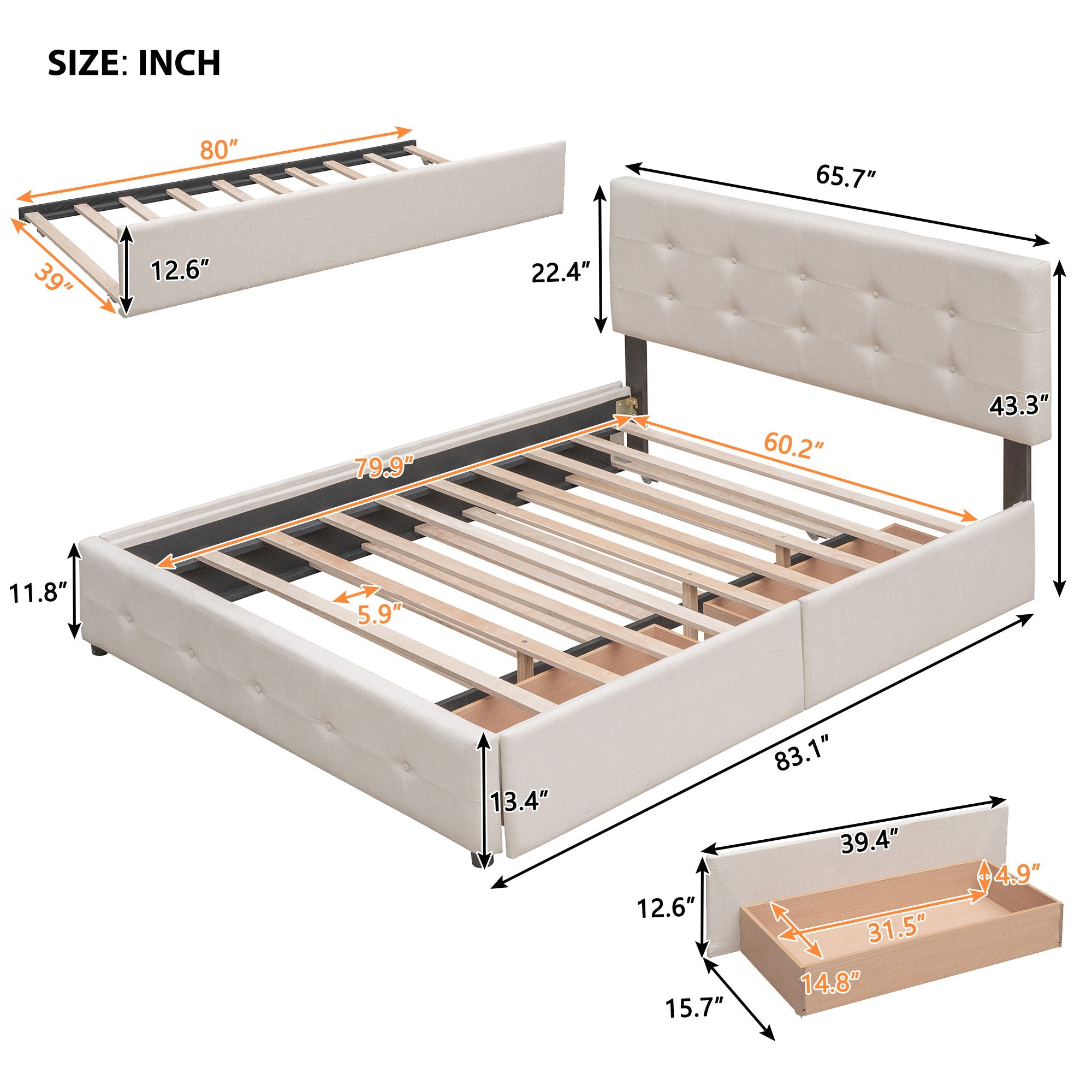 Upholstered Platform Bed With Classic Headboard And Drawers, No Box Spring Needed