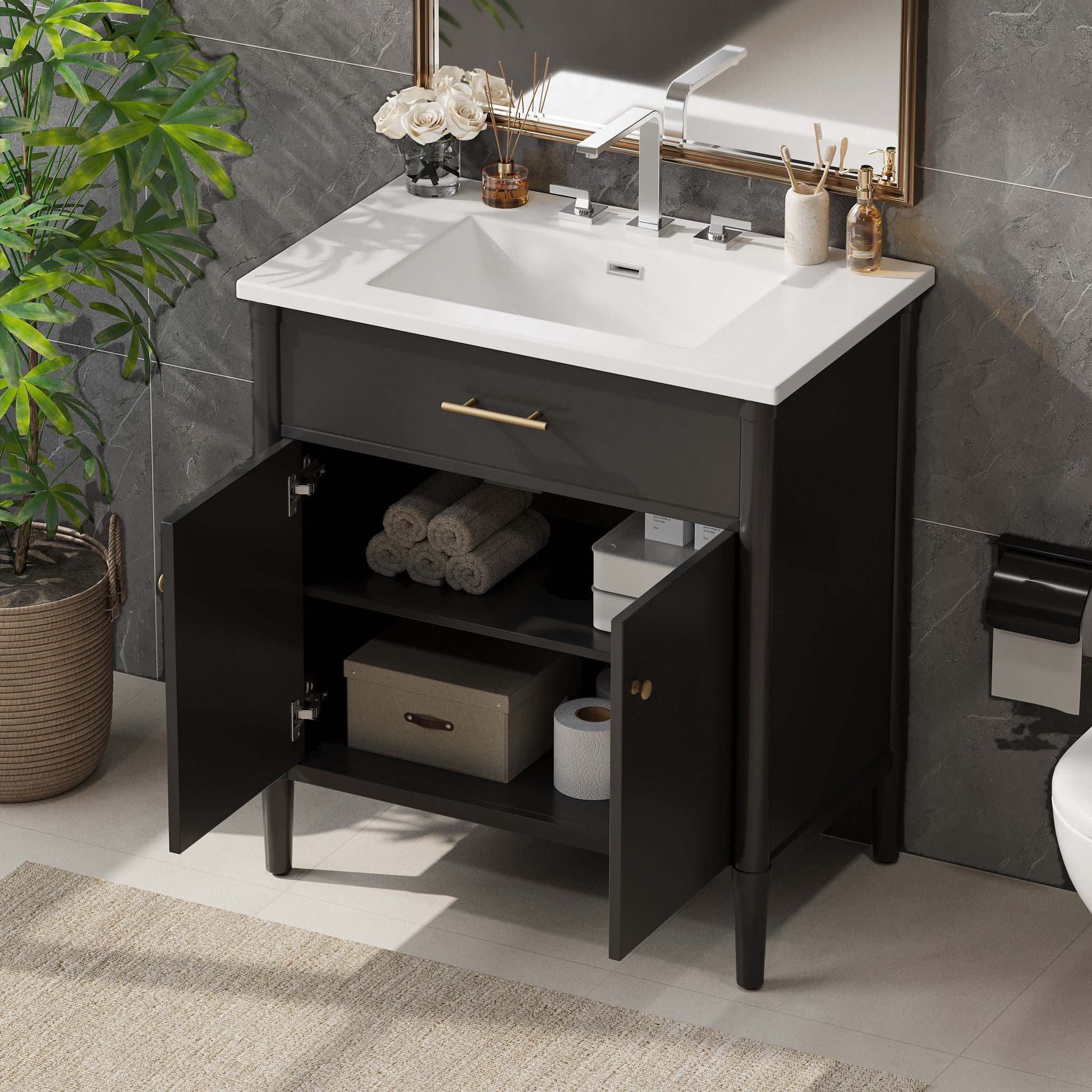 Bathroom Vanity With Sink, Soft Close Doors And Adjustable Shelf