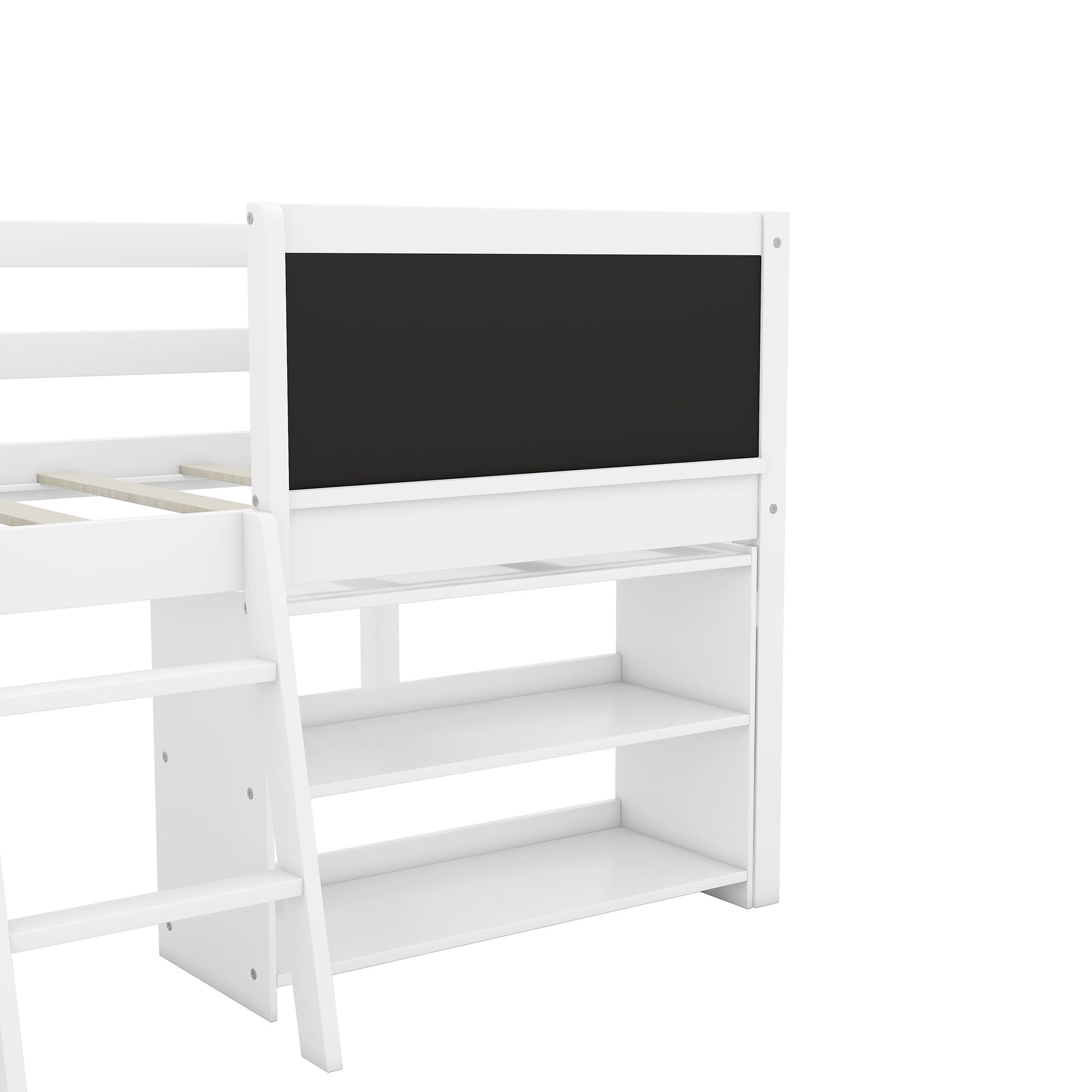 Low Loft Bed With Movable Shelves And Ladder, Decorative Chalkboard Guardrail