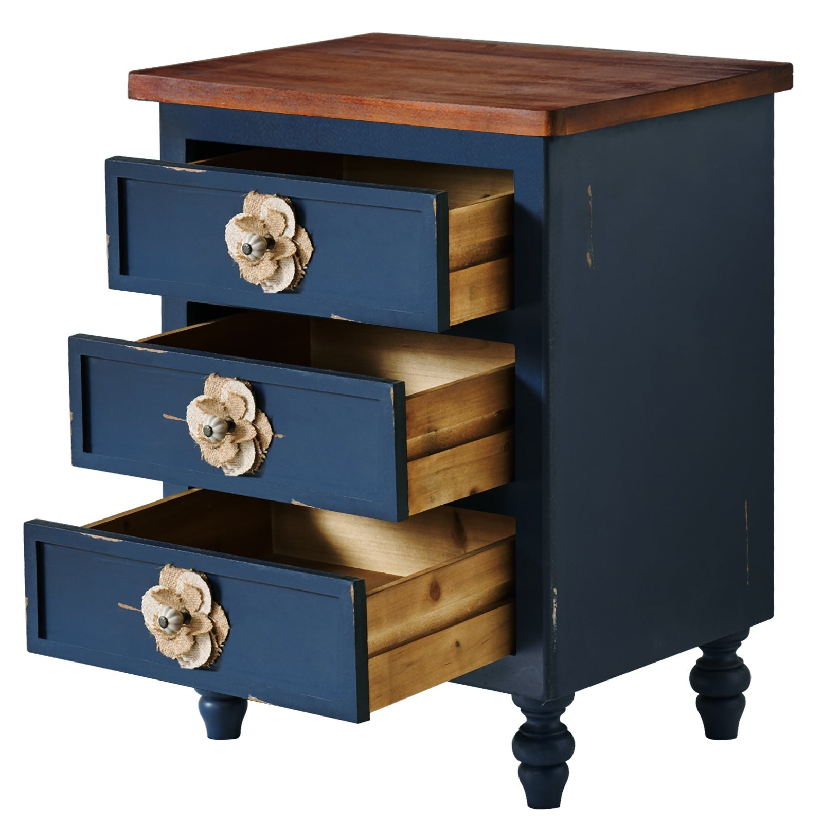 Rustic Dark Blue 3-Drawer Wooden Cabinet with Aged Finish & Floral Handles