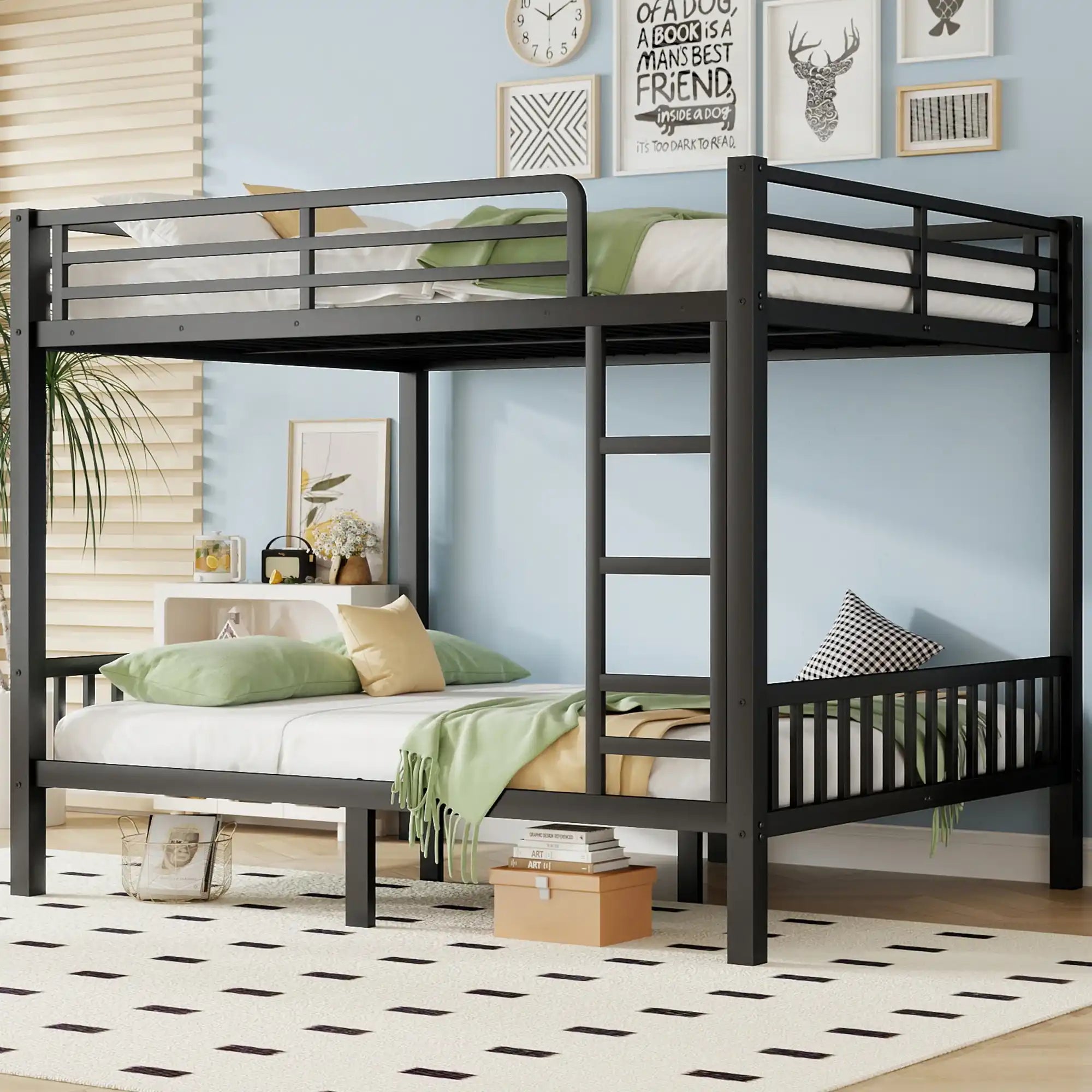 Queen Over Queen Metal Bunk Bed with Ladder