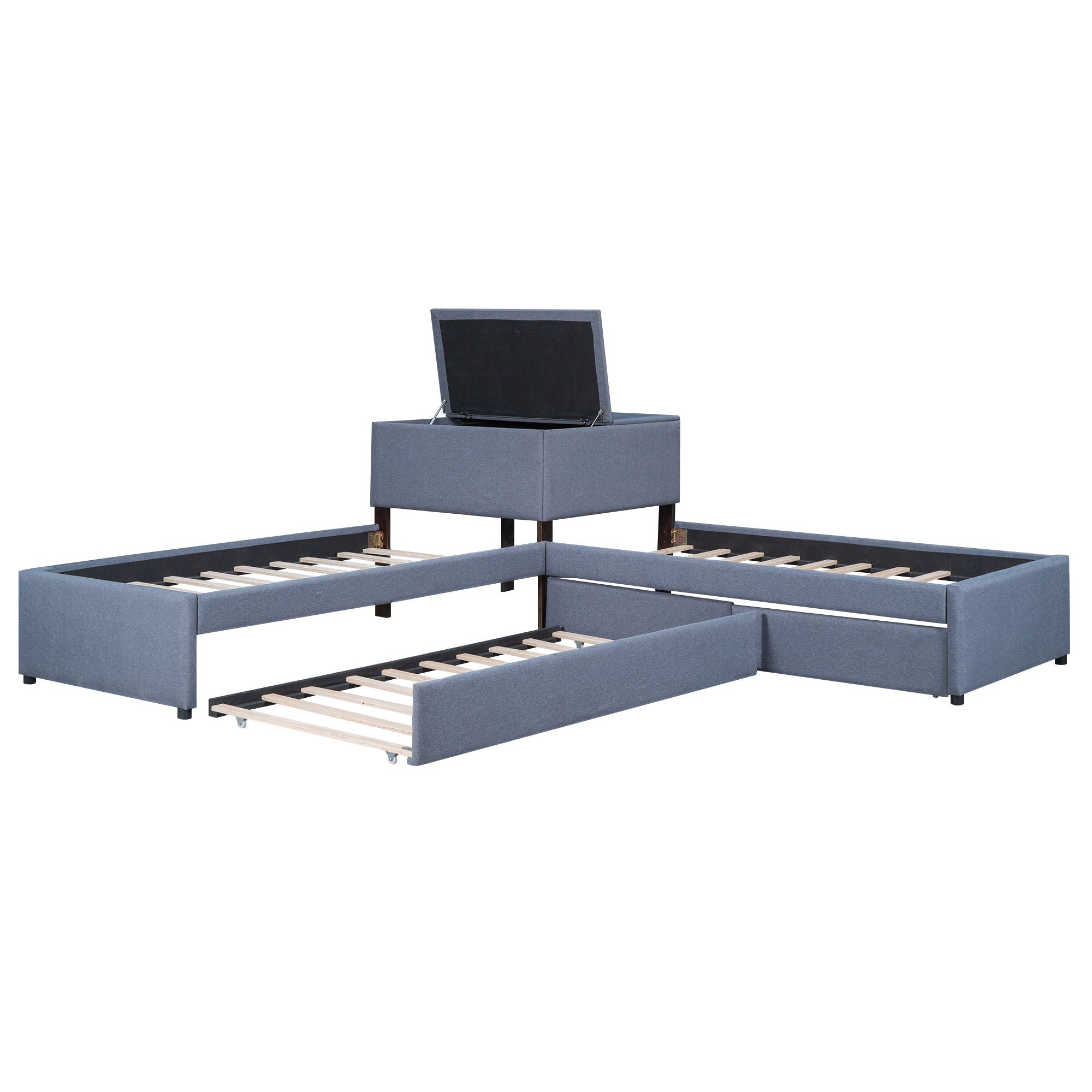 L Shaped Upholstered Platform Bed With Trundle And 2 Drawers Linked With Built In Desk