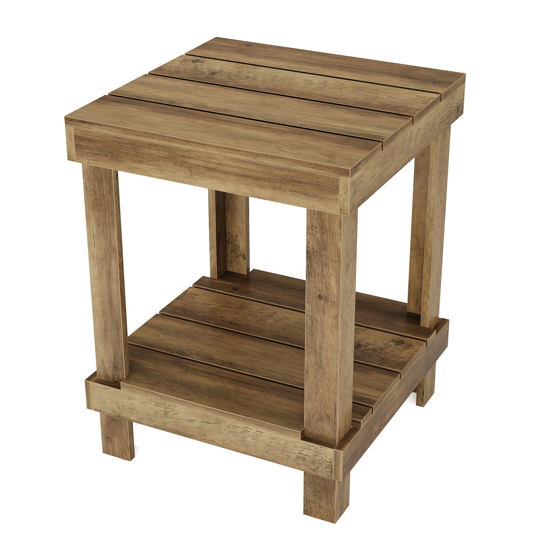 2 Tier End Table With Open Shelves, Compact Square Side Table For Living Room - Natural Wood