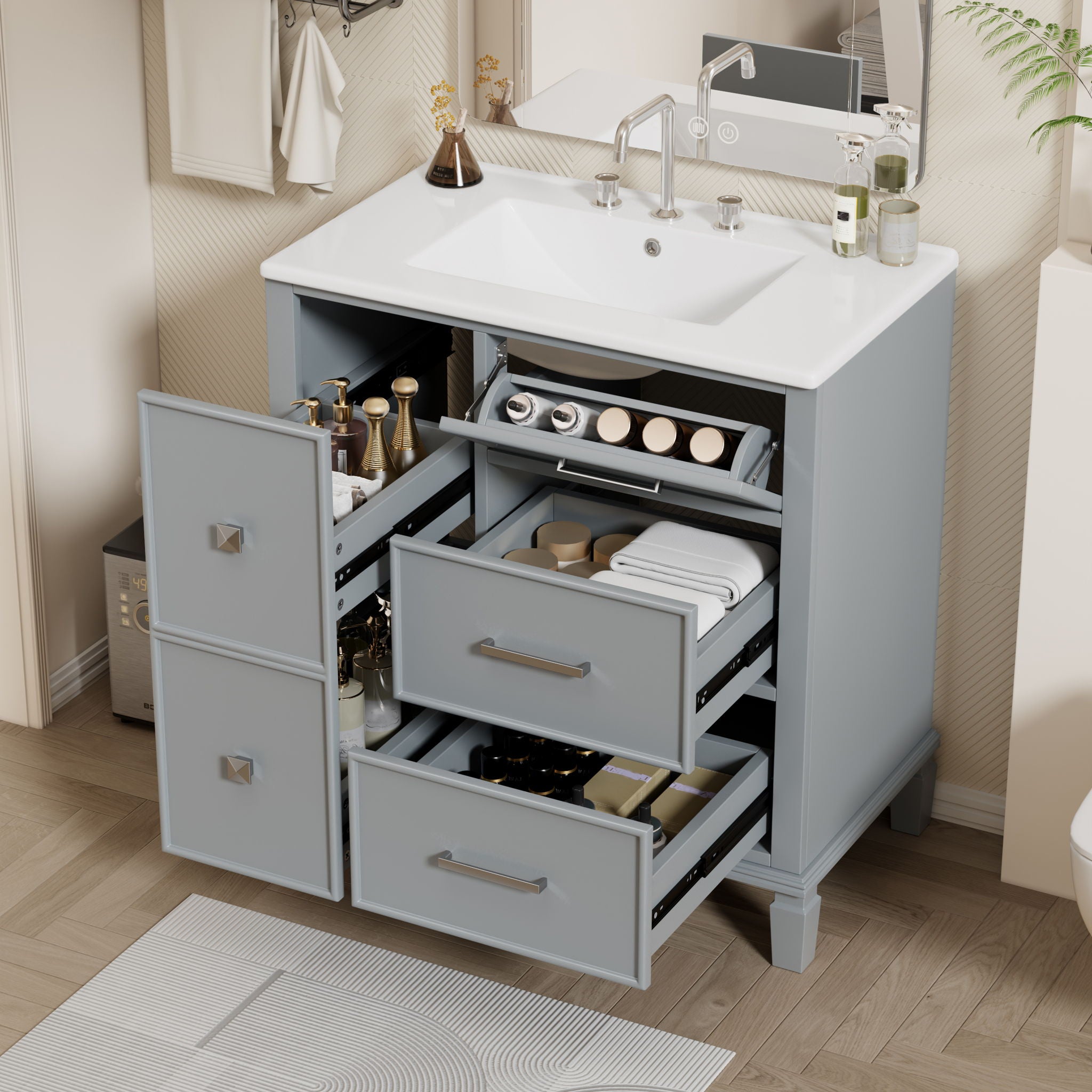 Bathroom Vanity With Ceramic Sink, Flip Out Drawer Design For Plumbing, Soft Close Drawers