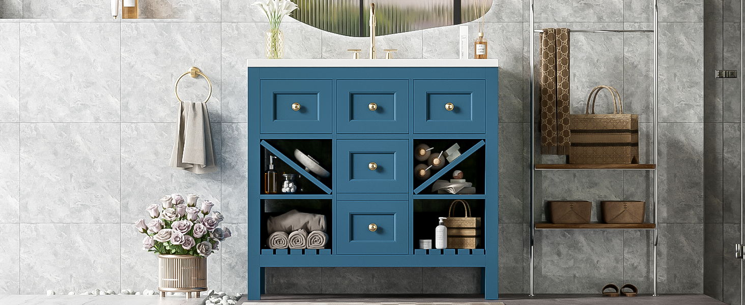 Bathroom Vanity With Resin Sink Combo, Freestanding Vanity Set With 5 Drawers