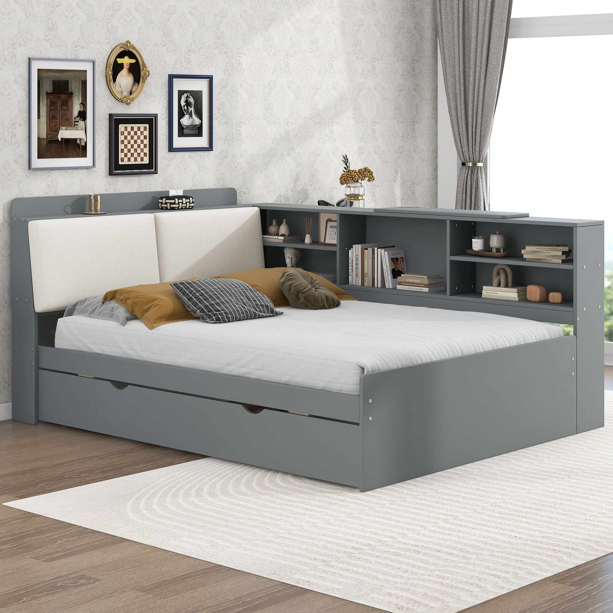 Platform Bed With Trundle, Shelves, And Storage Headboard