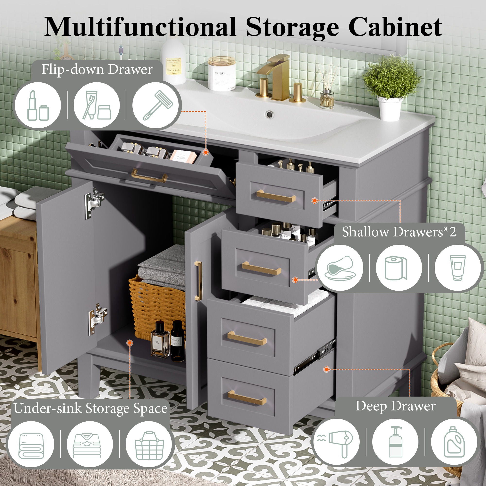 Modern Bathroom Vanity With Ceramic Sink, Soft Close Storage Cabinet