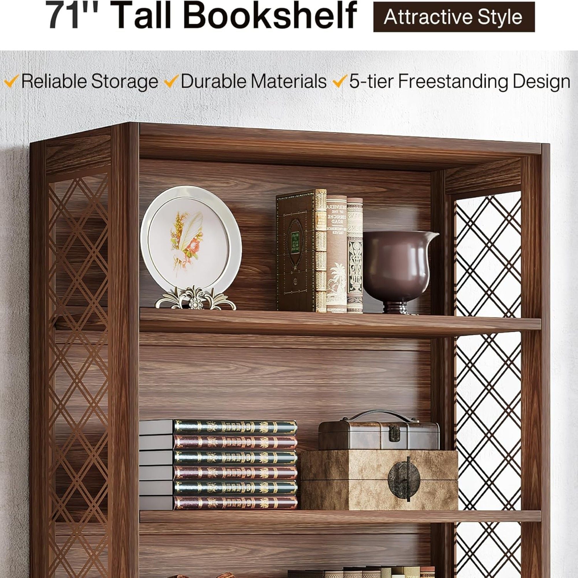 6 Tier Brown Mid Century Bookcase With X Design For Living Room - Brown