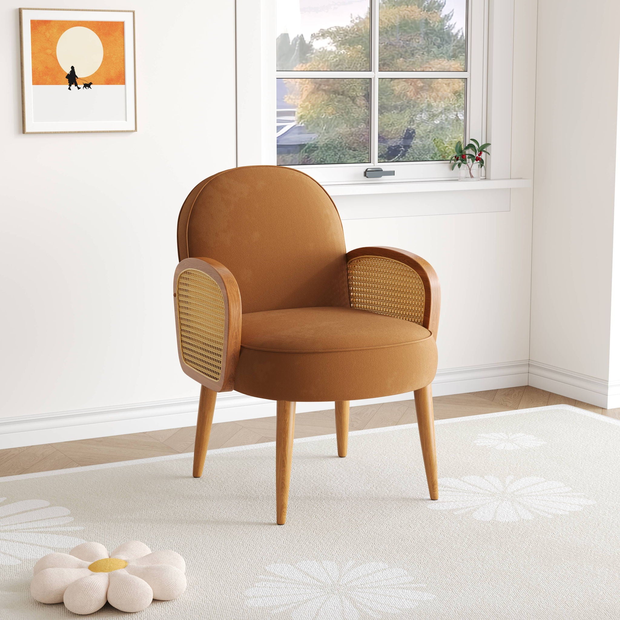 Accent Chair With Rattan Armrests And Wooden Legs Velvet For Living Room