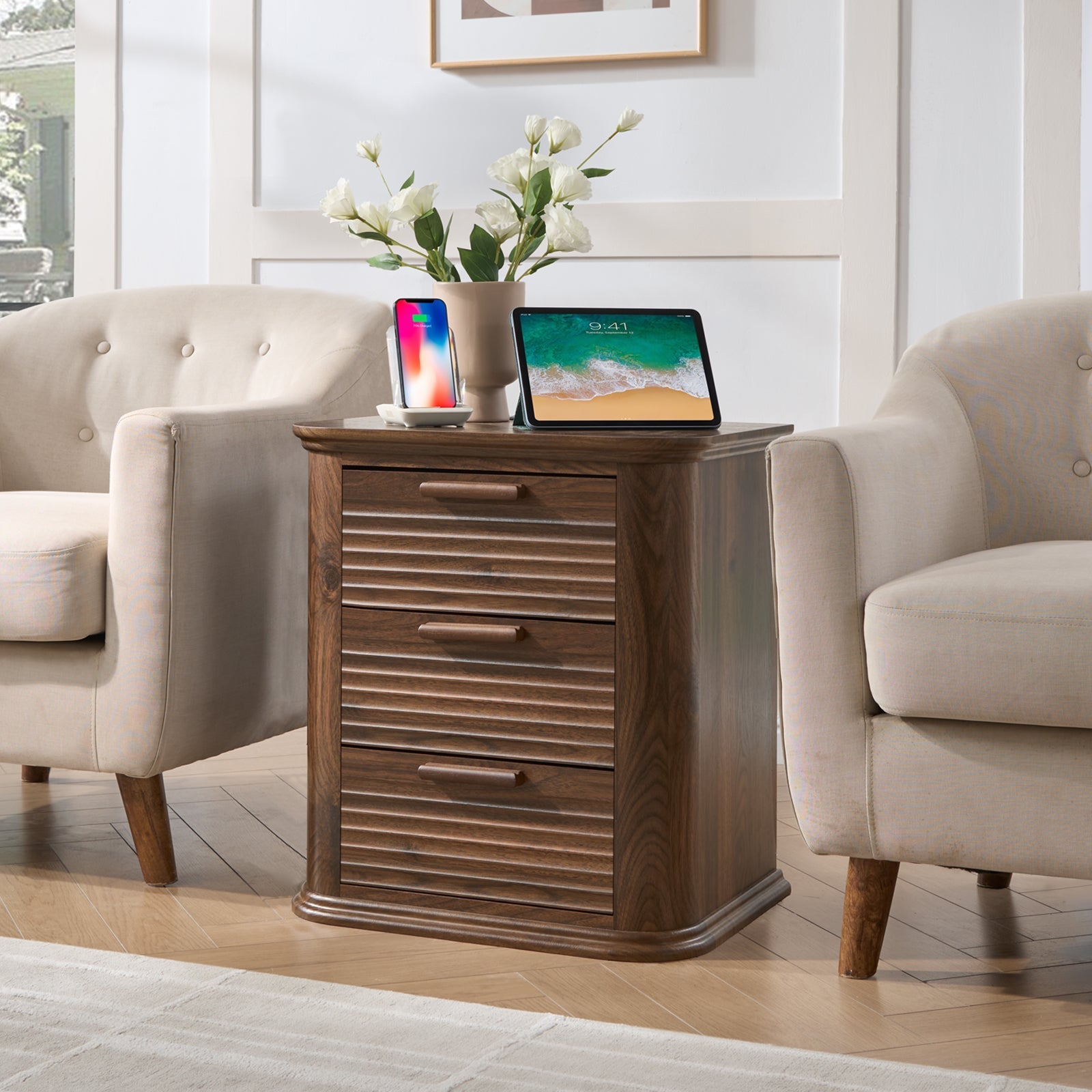 22" Wide Fluted Nightstand with Charging Station