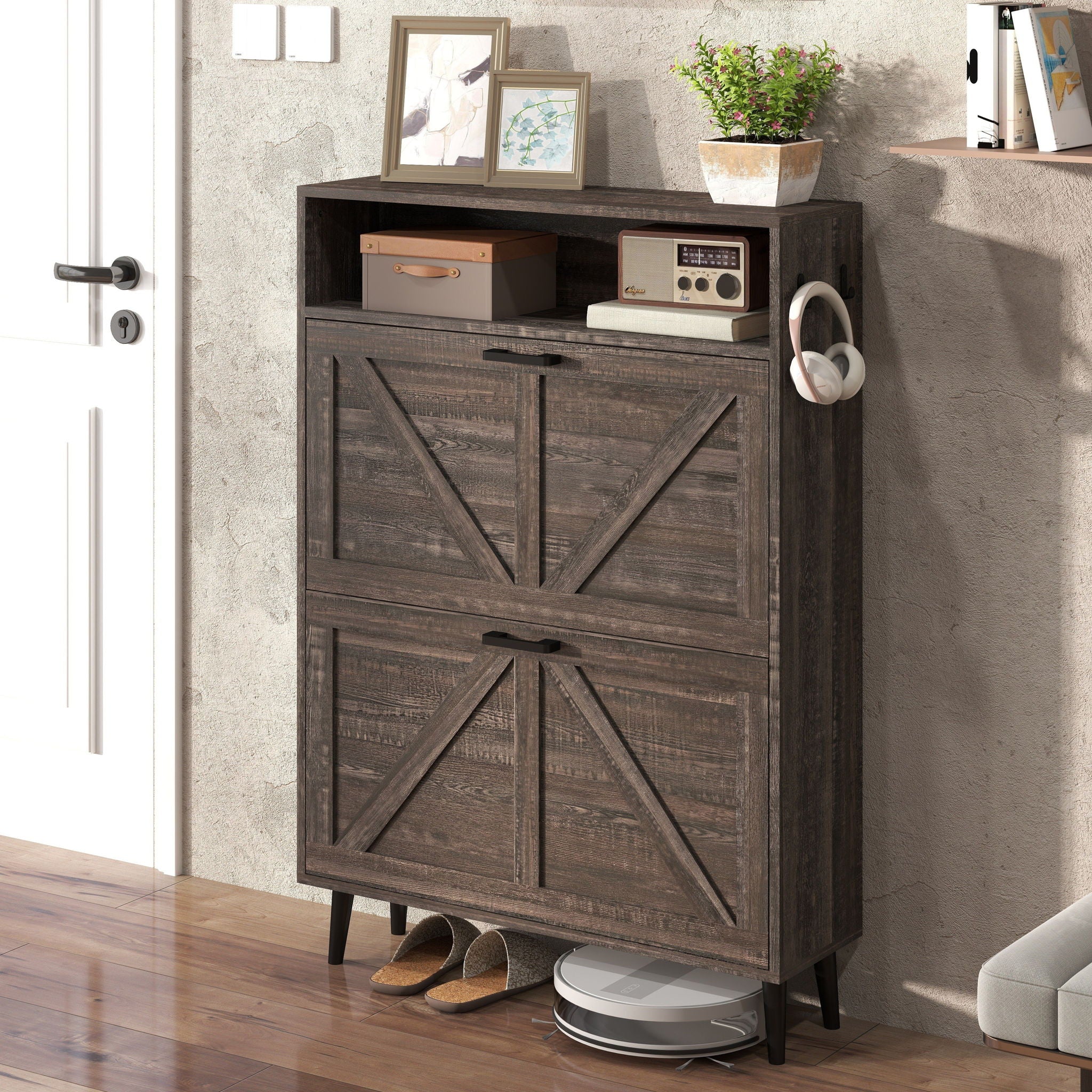 Farmhouse Shoe Storage Cabinet With Barn Door Design, 2 Flip Drawers, Hooks - Dark Oak